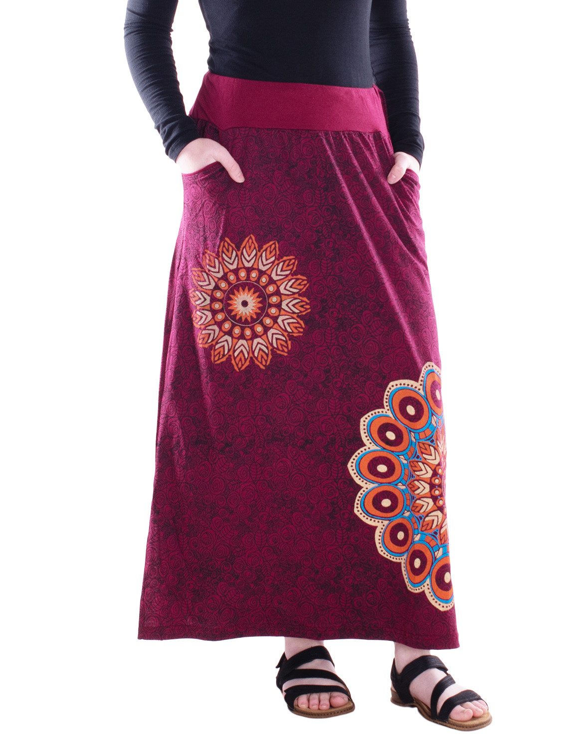 Vishes Maxirock Damen Maxi-Rock Baumwolle Blumen-Muster elastischer Bund mit Kordel-Zu Alternative Bekleidung, Ethno, Hippie, Retro Style