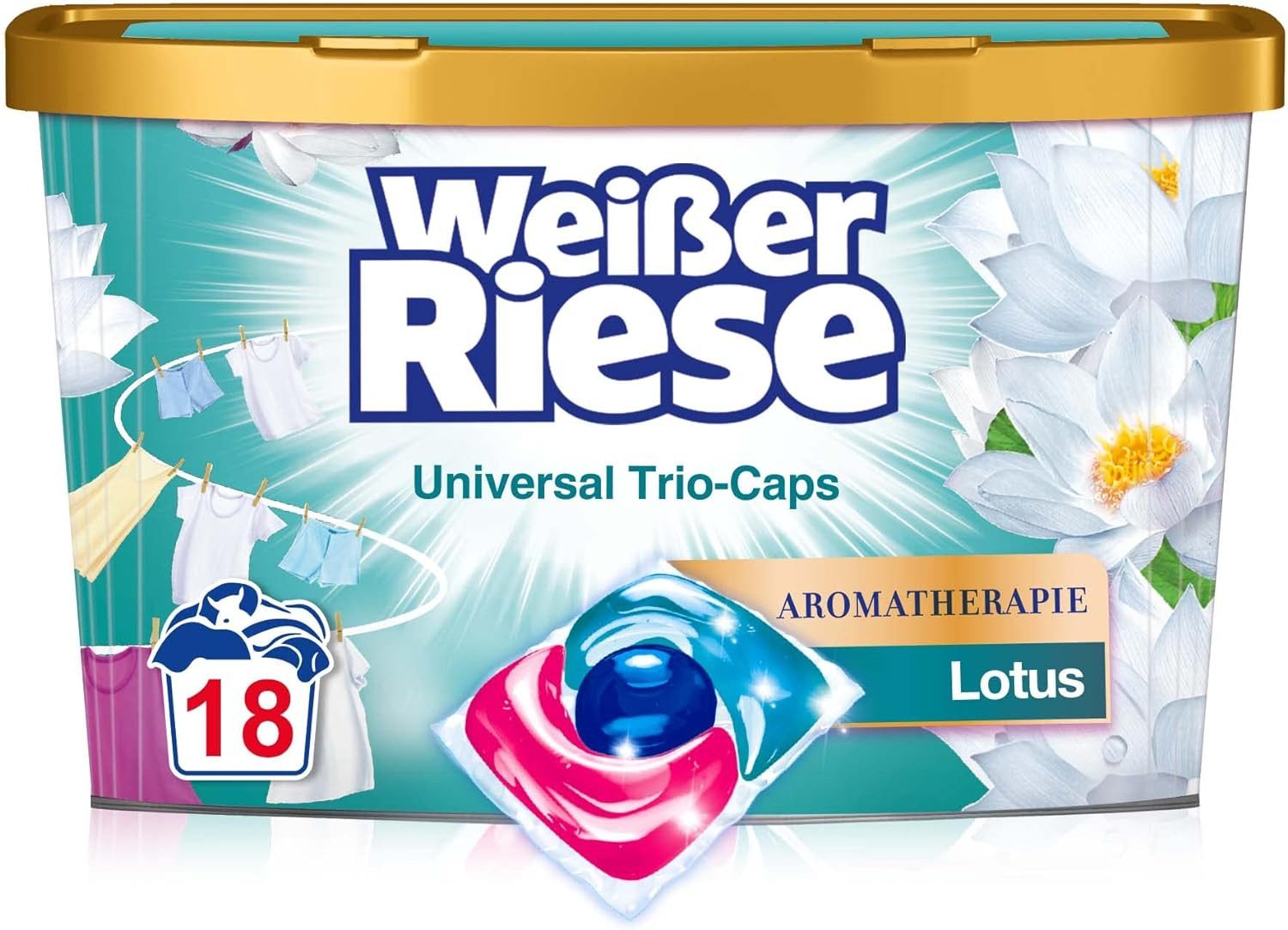 Weißer Riese Universal Trio-Caps Aromatherapie (1x 18 WL) Vollwaschmittel (Packung, [18-St. Lotus, für unwiderstehlich duftende & strahlend saubere Wäsche 100% recycelbar)