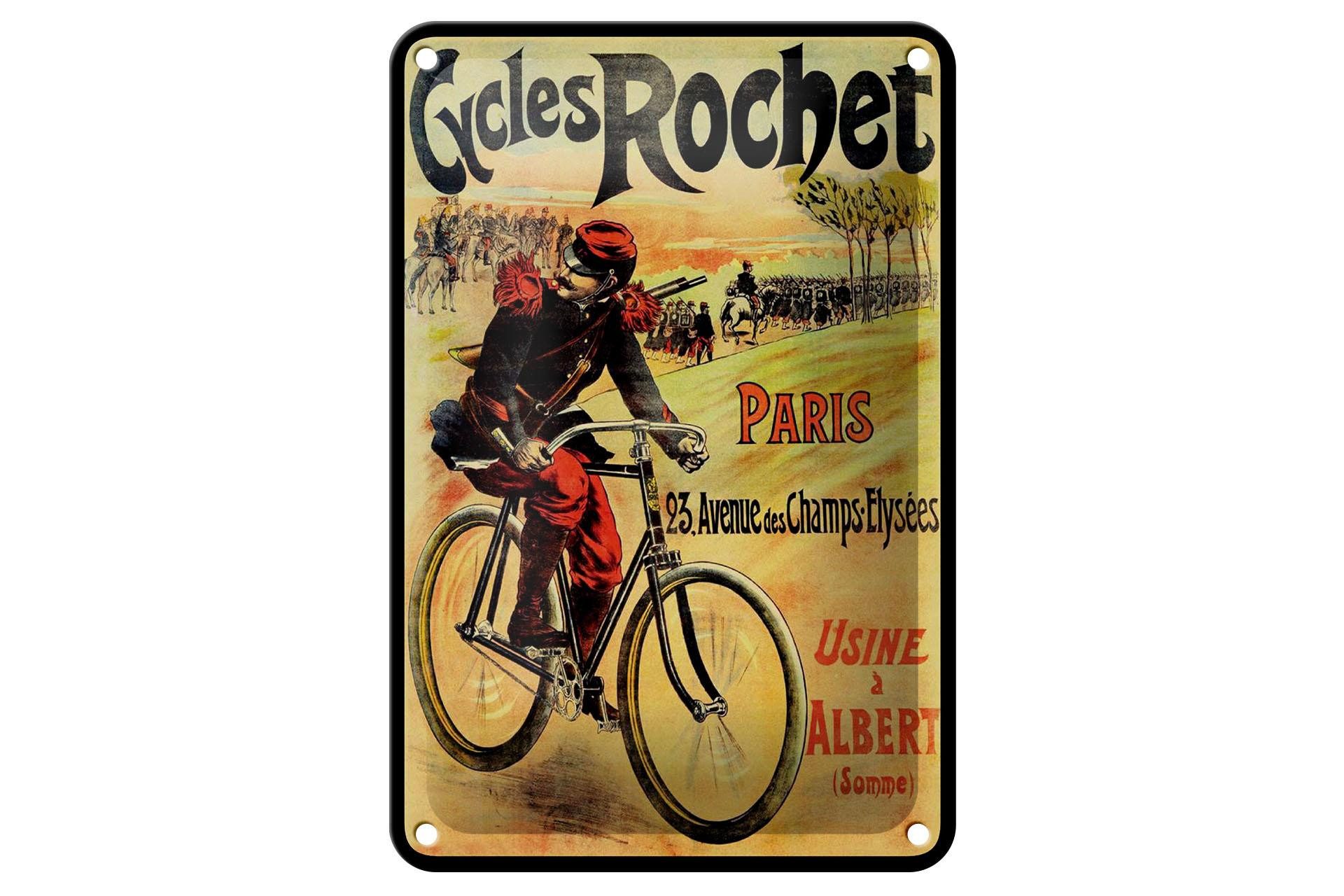 Femer GmbH Metallschild Retro 12x18 cm Cycles rochet Paris Soldat auf Fahrrad, (1 St), gewölbte Oberfläche, abgerundete Ecken, umgeschlagene Kanten