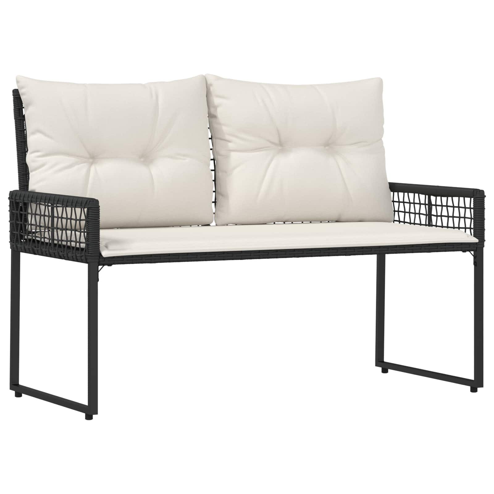 Gartenbank Bank Outdoor mit Kissen Schwarz und Cremeweiß 118 x 55 x 82 cm