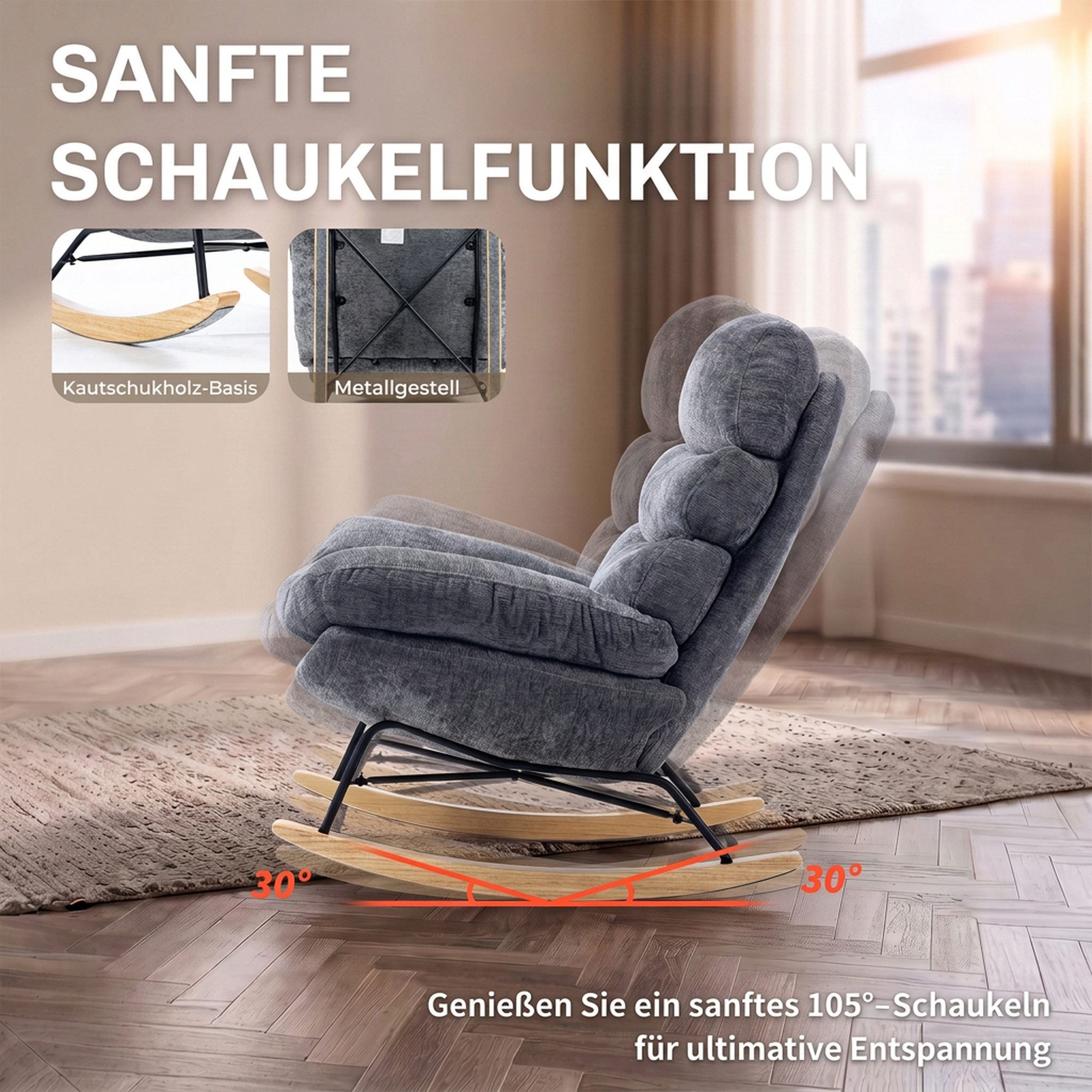 HOMCOM Schaukelstuhl Schaukelsessel mit Rückenlehne, Gepolstert Relaxsessel Lesesessel (Set, 1 St), Schneidersitz-Design, 105° Schaukelbewegung – Bild 5 von 5