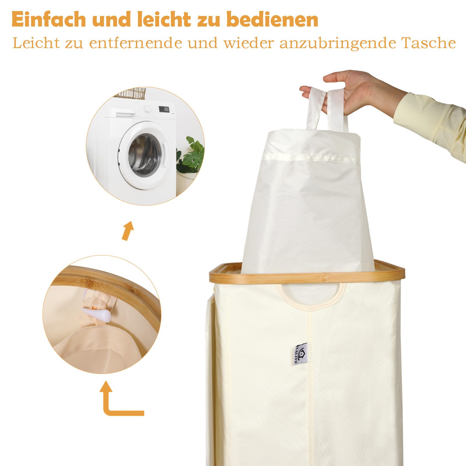 CALIYO Wäschekorb mit Deckel, 100 L, herausnehmbarer Wäschesack, Griffe aus Bambus, Faltbar