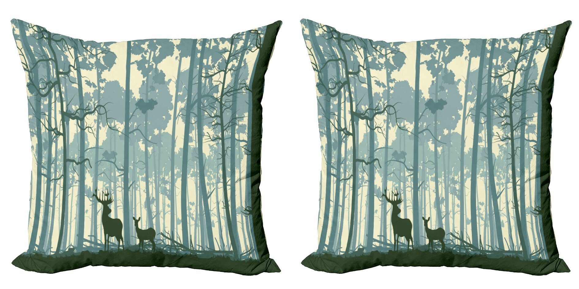 Kissenbezüge Modern Accent Doppelseitiger Digitaldruck, Abakuhaus (2 Stück), Hirsch Tiere in nebligen Wald