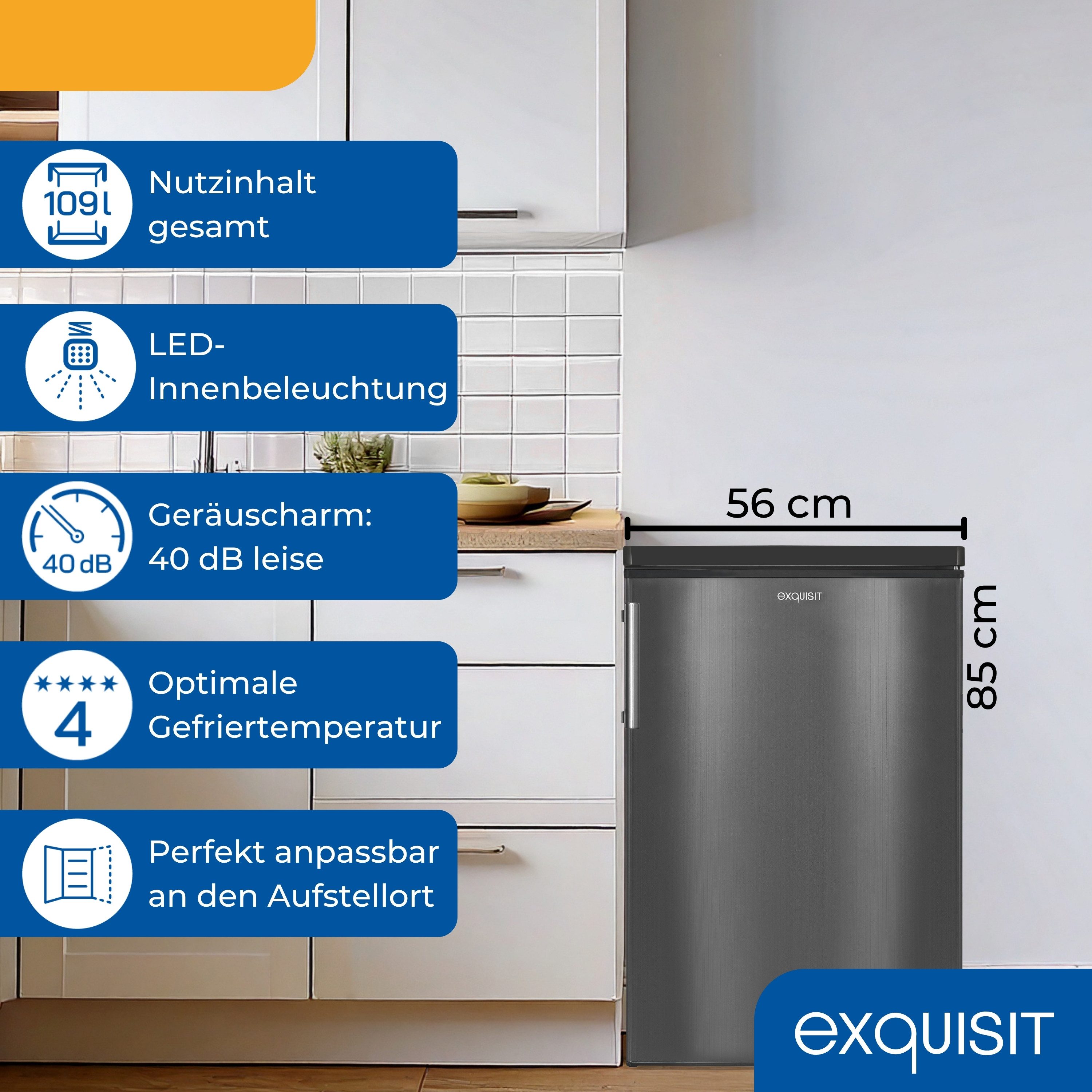 exquisit Kühlschrank KS16-4-HE-040E inoxlook-az, 85 cm hoch, 56 cm breit, Kompakt & flexibel – ideal für Küche, Büro & Ferienwohnung