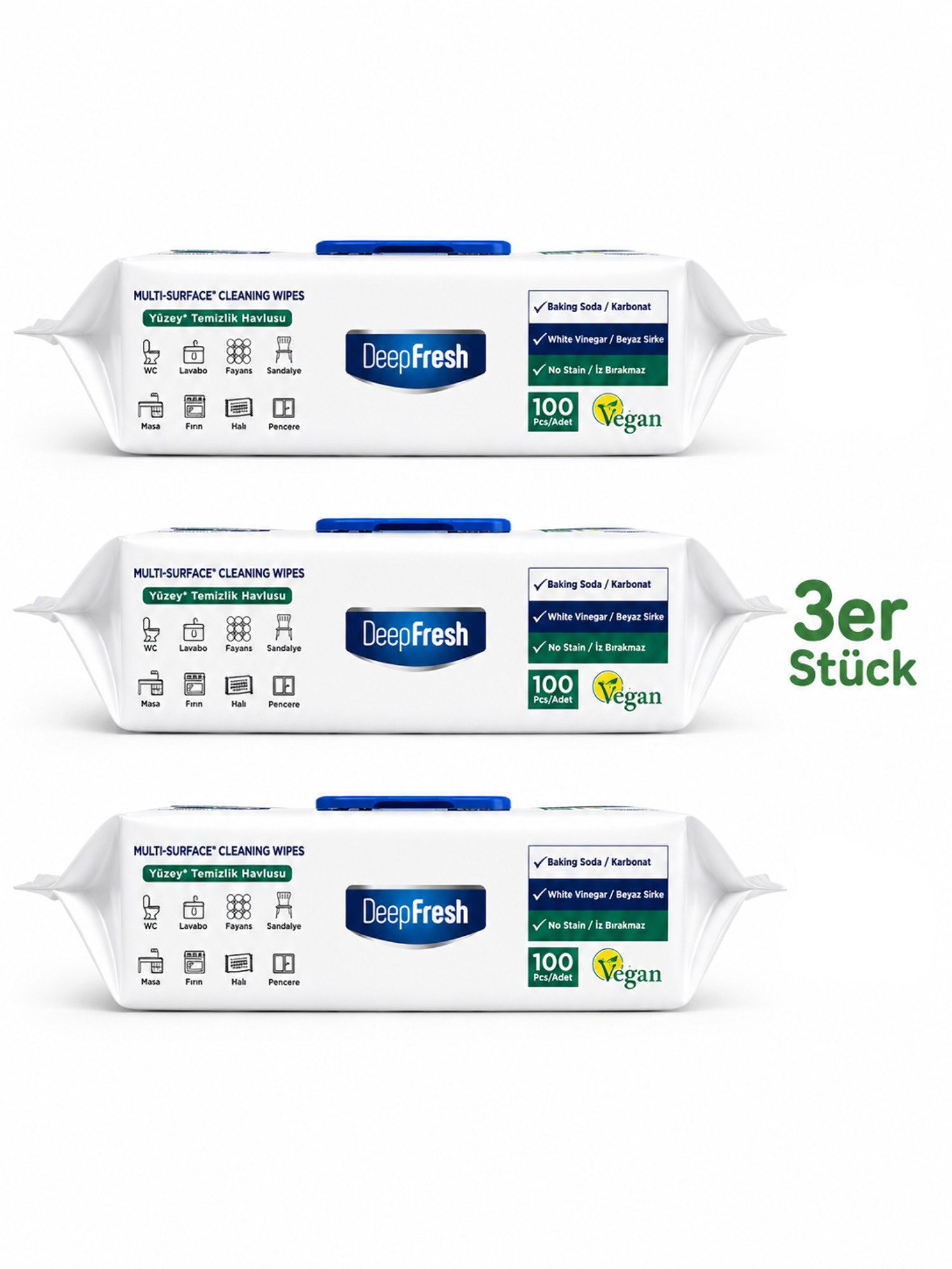 Deep Fresh Multi-Surface Reinigungstücher Weißer Seifenduft 100 Stk Reinigungstücher (Vliesstoff, Einzelpackung, 100 Reinigungstücher, Mit Backpulver, weißem Essig, extra stark, streifenfreie Reinigung)