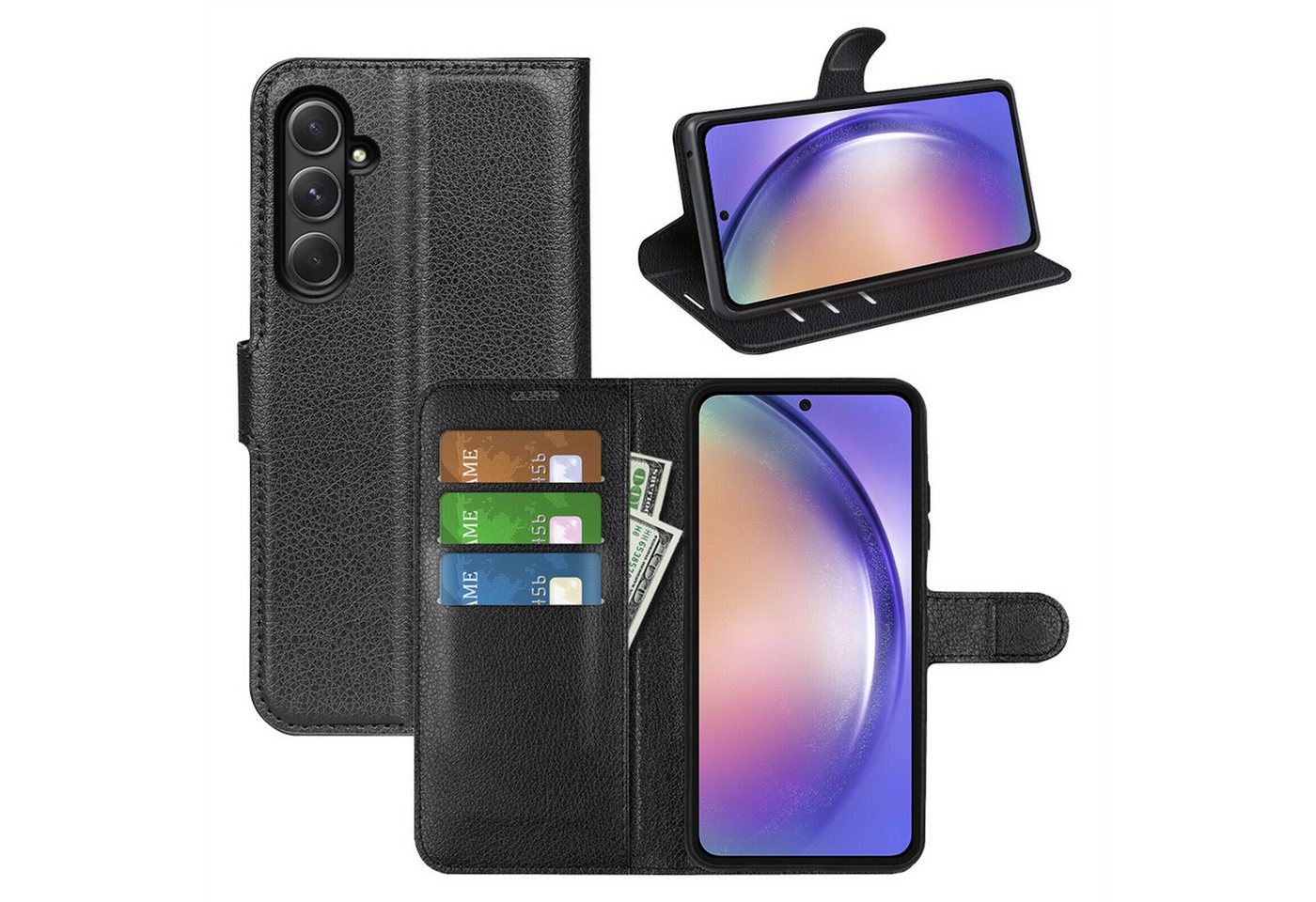 betterfon Handyhülle Handytasche für Samsung Galaxy A55 5G Klapphülle Schwarz, 3 Kartenfächer, Magnetverschluss & Standfunktion im Lederlook