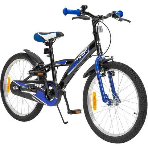 Actionbikes Motors Kinderfahrrad Kinder Fahrrad Wasp, 1 Gang, ohne Schaltung, (20 Zoll, ab 115 cm Körpergröße, max. Zuladung 40 kg, Klingel, Katzenaugen, Reflektoren, Antirutschgriffe, Fahrradständer, Kettenschutz, 1-tlg., V-Brake-Bremsen, Luftbereifung, Schutzbleche, schwarz / blau), höhenverstellbares Bike Jungen Mädchen Rad Kinderrad ab 6 Jahre