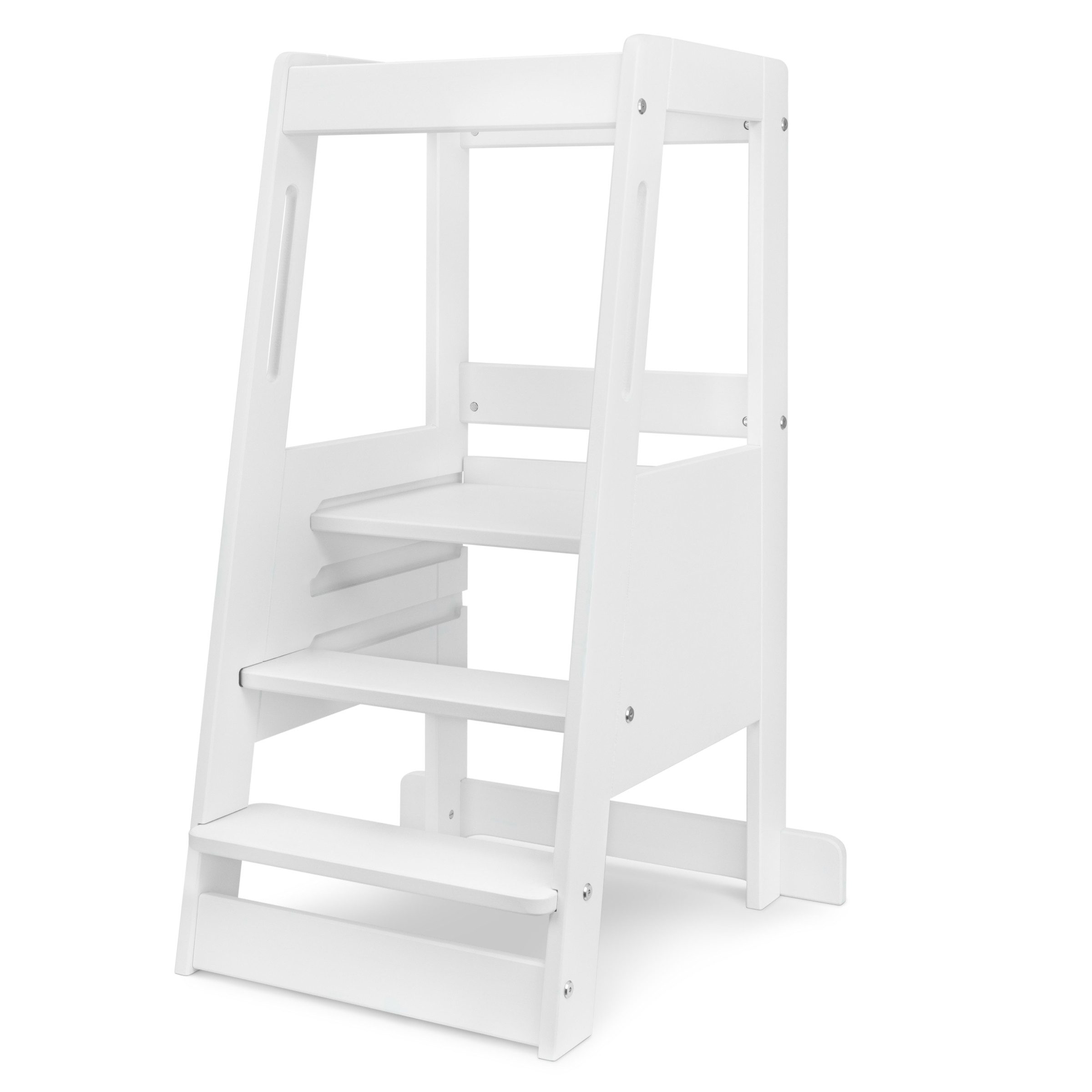 Ehrenkind Stehhilfe Lernturm mit extra Kleinkindstufe, Montessori Tritthocker für Kinder (Buche weiß lackiert, 3-fach höhenverstellbarer Standfläche), geeignet ab ca. 12 Monaten, sobald das Kind sicher stehen kann