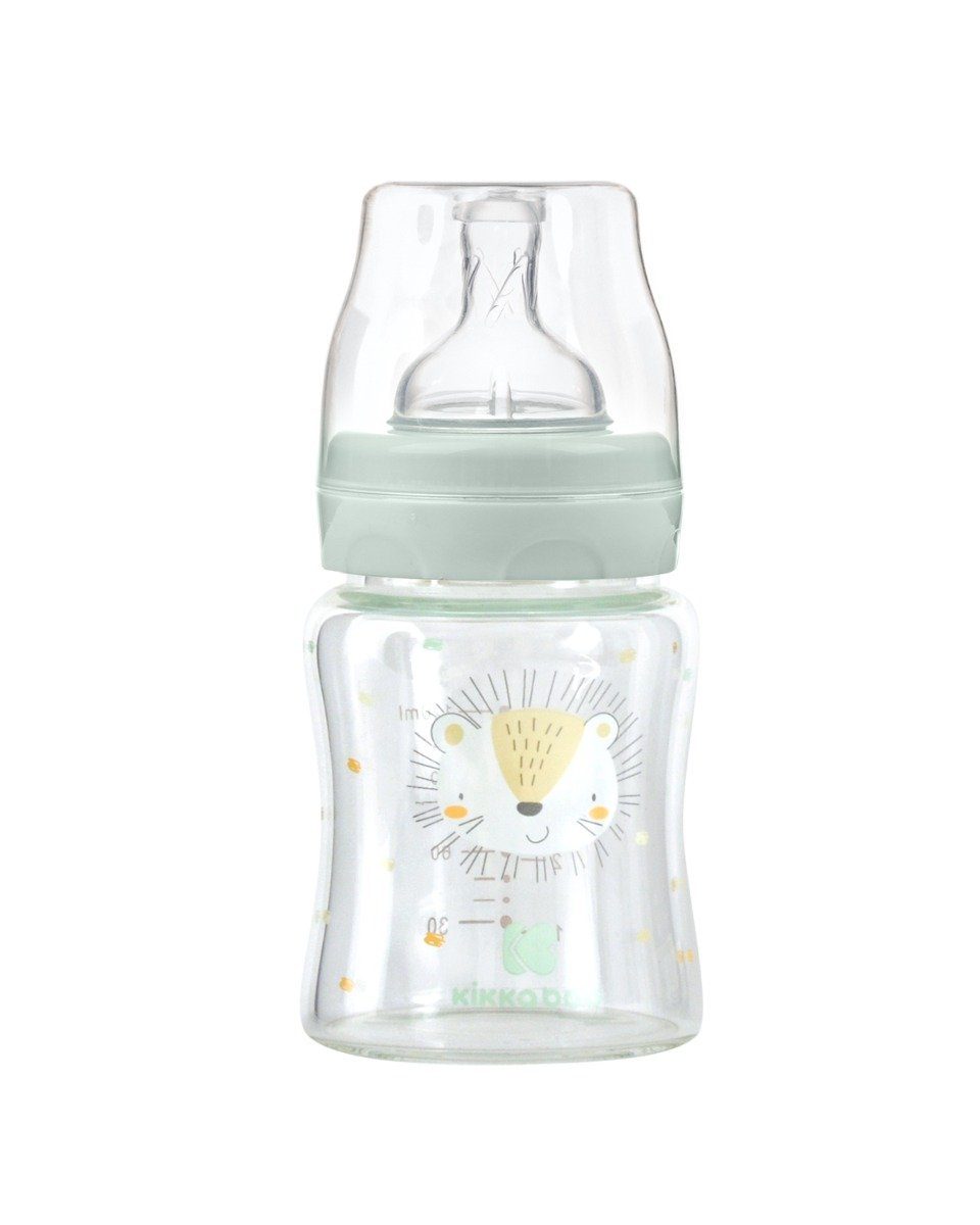 Kikkaboo Babyflasche Baby Glasflasche 120 grün ml, Weithalsöffnung, S, Deckel Silikonsauger Größe