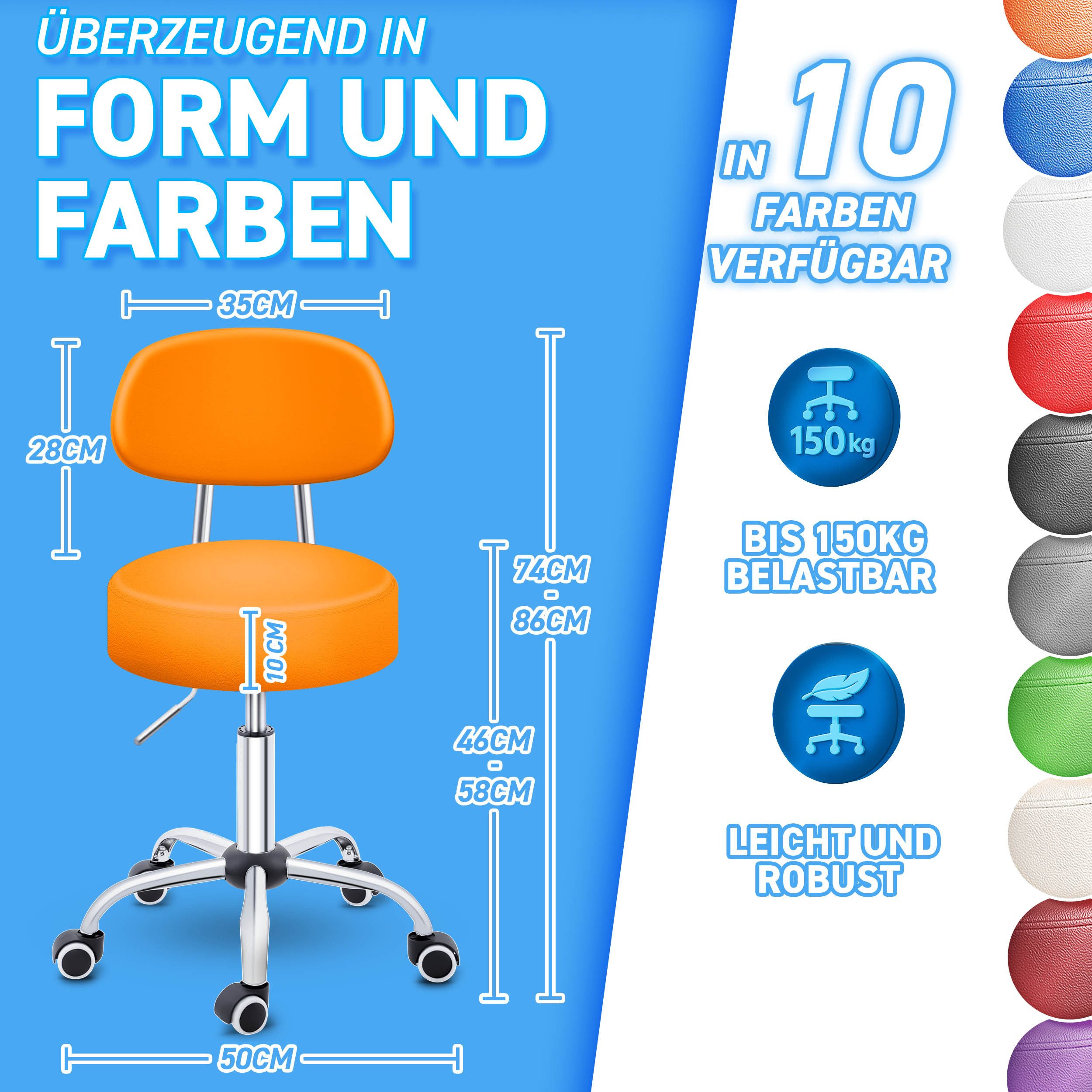 TRESKO Drehhocker Rollhocker mit Lehne, Arbeitshocker höhenverstellbar 46-5 günstig online kaufen