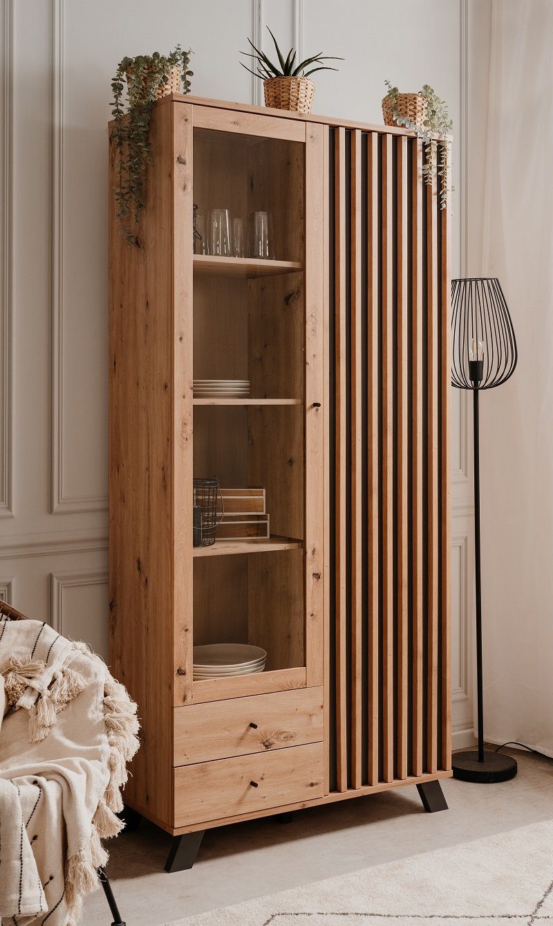 Finori Vitrine Vitrine Medan, mit 3D-Lamellen, Artisan Eiche / anthrazit
