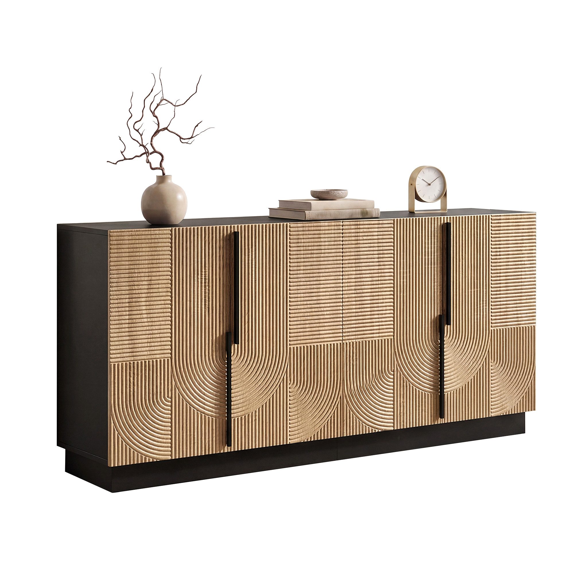 Merax Sideboard mit Relieffront, Wohnzimmerschrank Flurschrank Esszimmerschrank (1 St), Kommode mit 4 Türen, Metallgriffe & Stauraum, 160x42x76cm