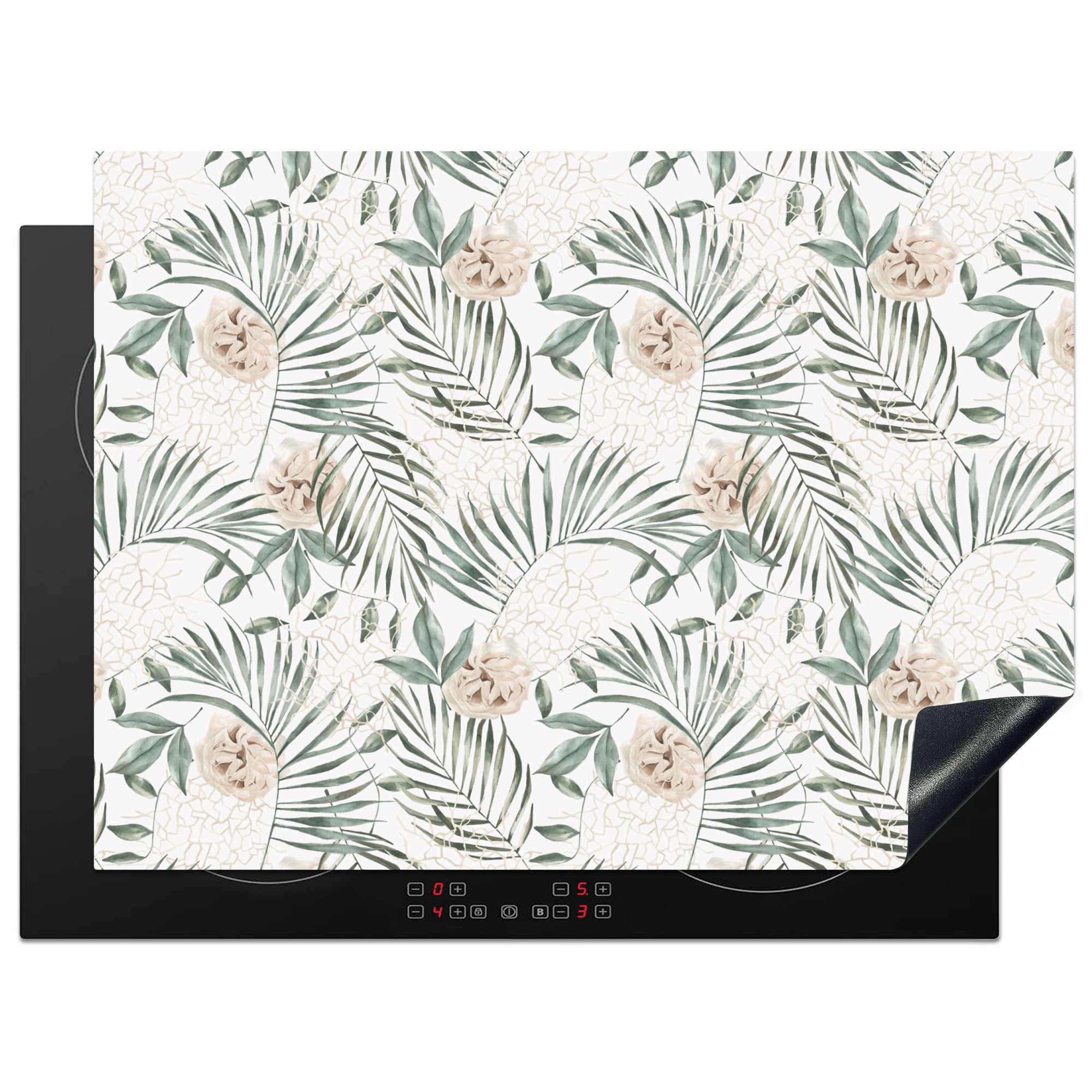 Boho Dschungel Herdblende-/Abdeckplatte - tlg), (1 Ceranfeldabdeckung - - Blätter, Arbeitsfläche Mobile Blumen 70x52 cm, nutzbar, Vinyl, MuchoWow