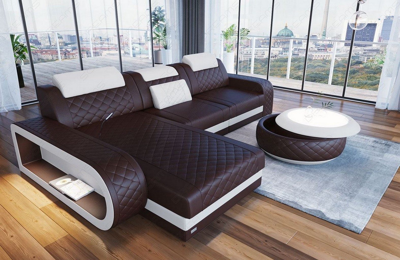 Sofa Dreams Ecksofa Berlin L Form Leder, Ecksofa, Ottomane, LED-Beleuchtung, Breite: 308cm, Zierkissen, 4-Sitzer, USB