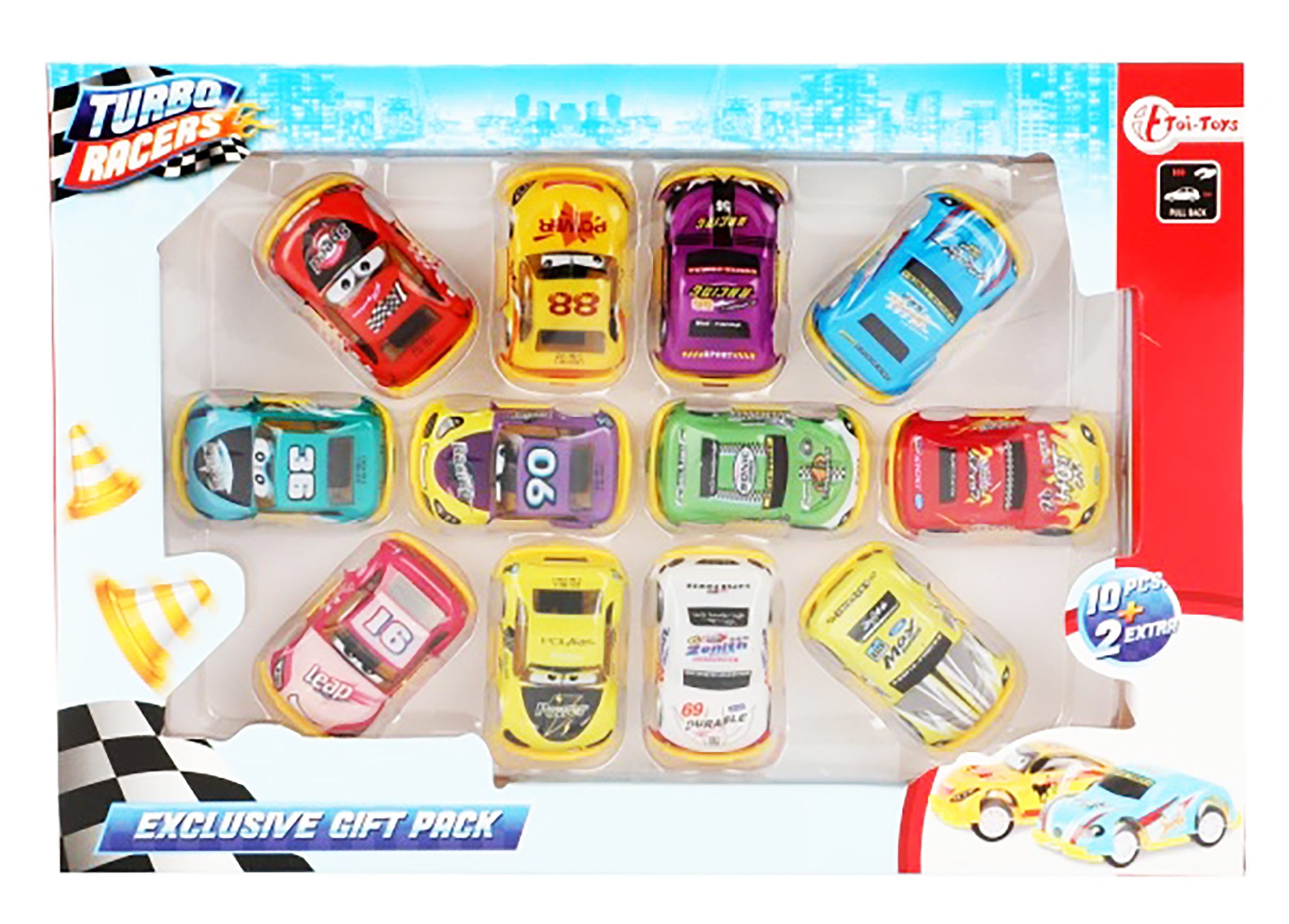 Toi-Toys Spielzeug-Auto Mini RENNAUTO Turbo Racers 12er-Set Rallye Spielzeugautos Rückzug 54, (12-tlg), Rennwagen Auto mit Rückzugmotor