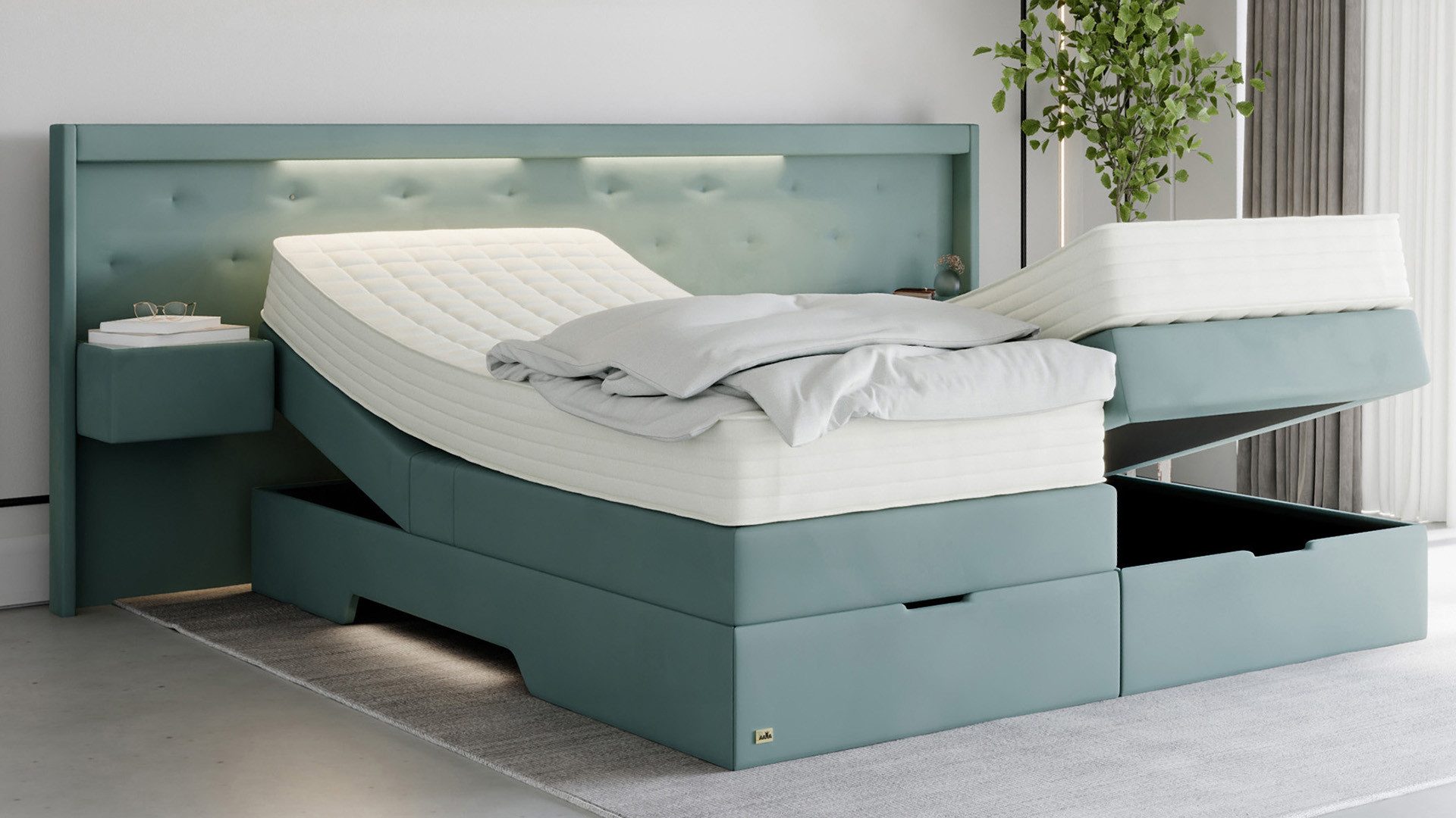 PAARA Boxspringbett mit Nachttischen, Bettkasten, LED, Kopfteil verstellbar Model Paris, Deutschland