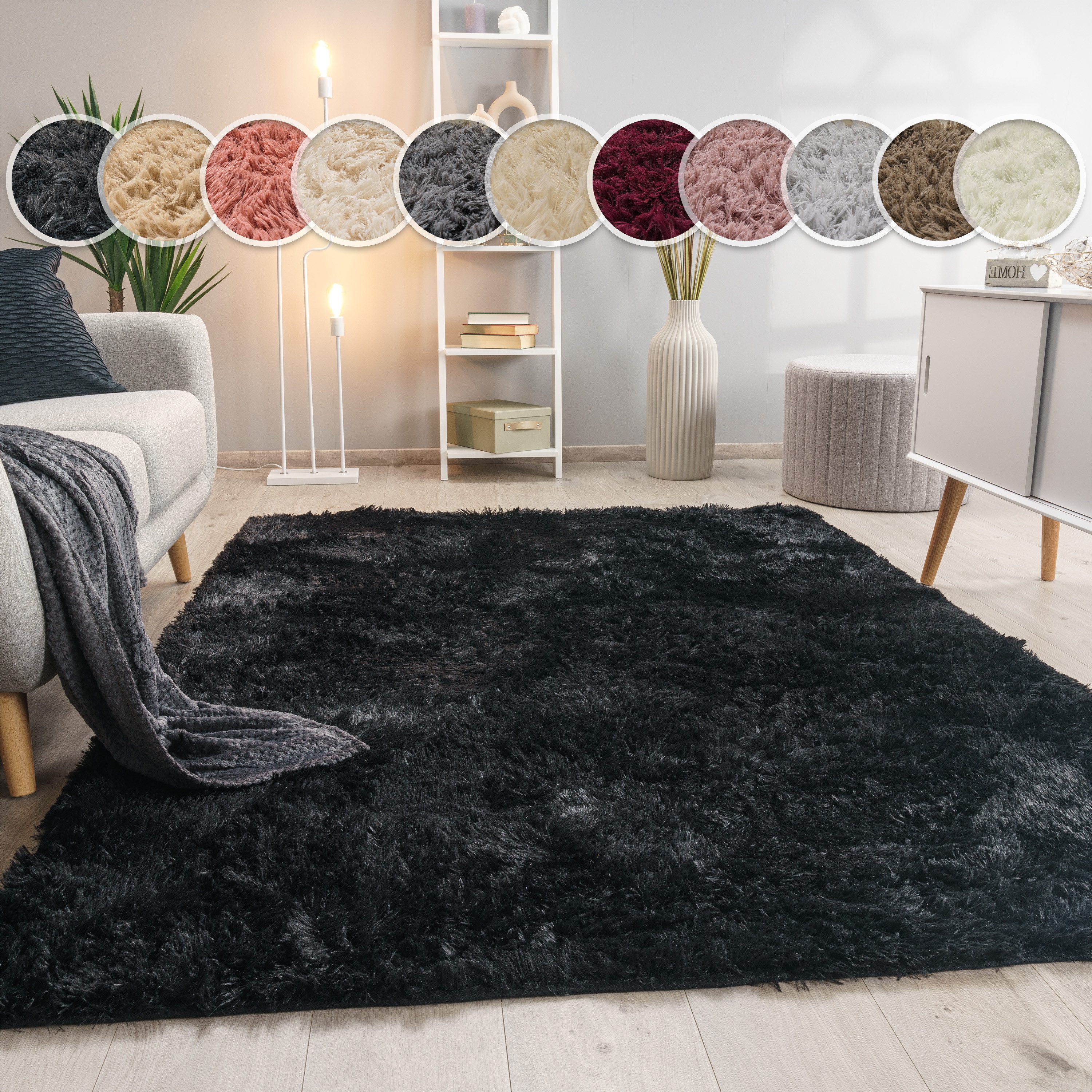 Paco Home Hochflor-Teppich Silky 591, rechteckig, Höhe: 37 mm, Uni-Farben, besonders weich und kuschelig, Wohnzimmer