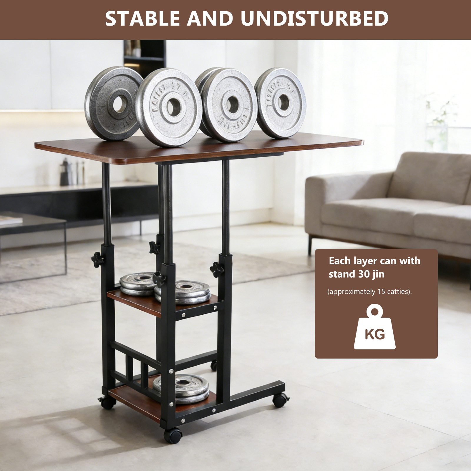 BlingBin Beistelltisch 3-stufiger Beistelltisch mit 4 Rädern, Höhenverstellbarer Kaffeetisch (1er Set, 1-St., Produktabmessungen: 80*40*65-91cm), 360 ° Drehbare – Bild 4 von 5