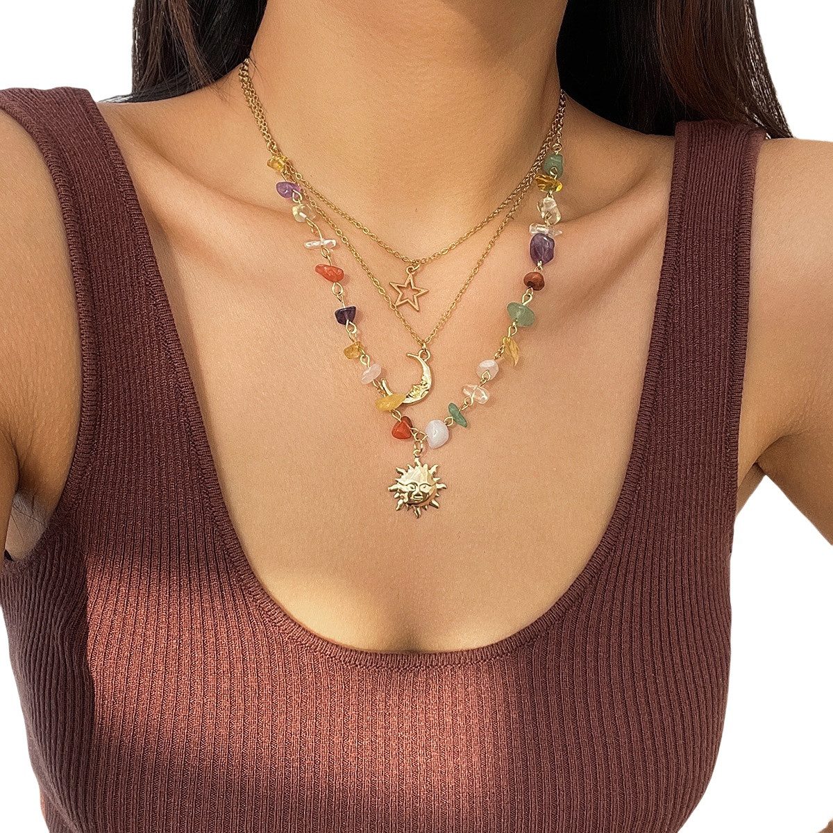 Coonoor Perlenkette Mehrreihige Halsketten für Damen,Boho Kristall-Mond Stapel-Halskette
