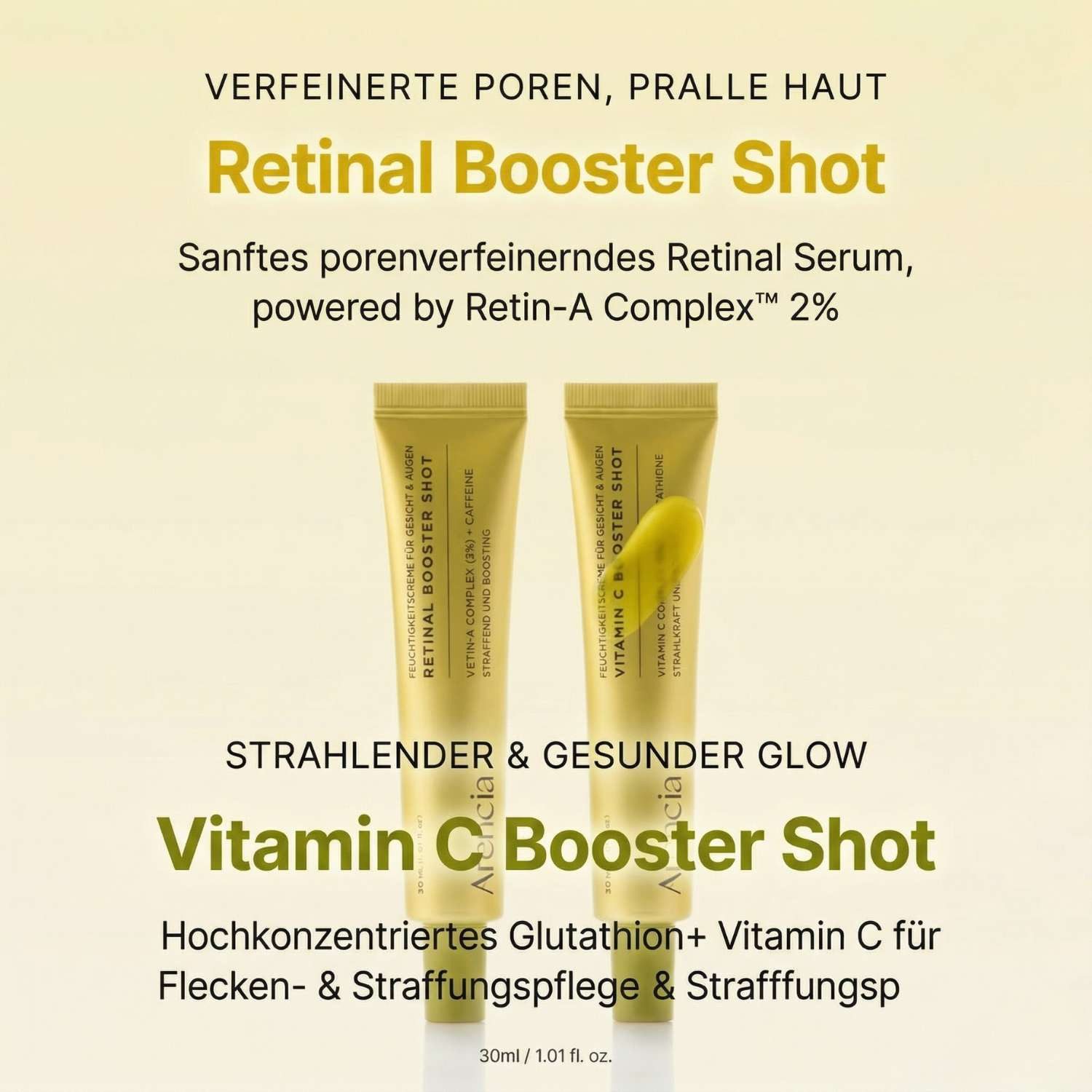 Arencia Anti-Aging-Augencreme AM/PM Glow Shot Duo – Vitamin C & Retinal Booster Shot Bundle mit, 2 x 30ml für Morgen- und Abendroutine, Glow, ebenmäßigen, Teint und glatter wirkende Hautstruktur