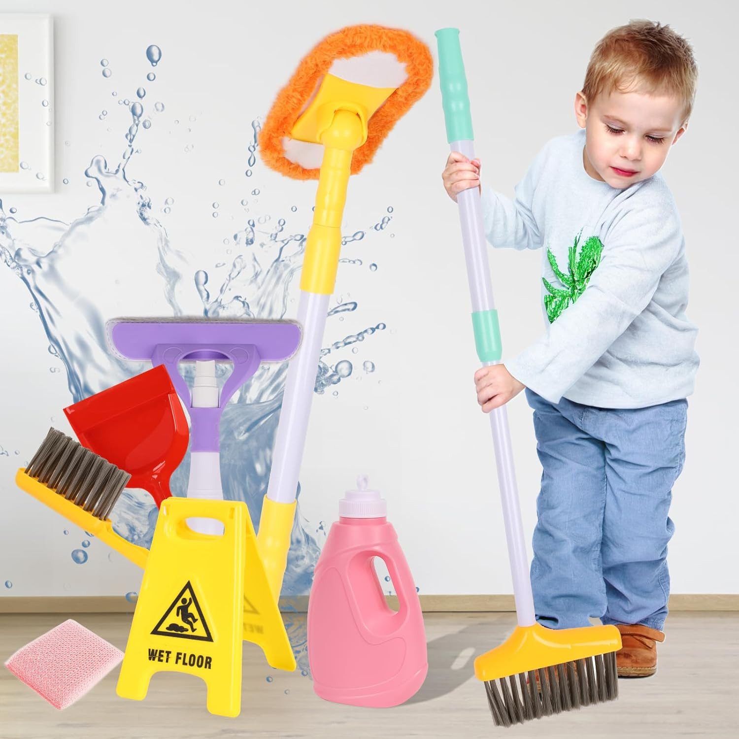 LaCute Kinder-Putzwagen Kinder Reinigungsset Spielzeug mit Besen Mop und Kehrschaufel, (Kinder Reinigungsset Spielzeug mit Besen Mop Kehrschaufel Zubehör, Reinigungs Spielzeug Set mit Besen Mop Kehrschaufel Zubehör), Rollenspiel Reinigungszubehör Höhenverstellbare Stiele