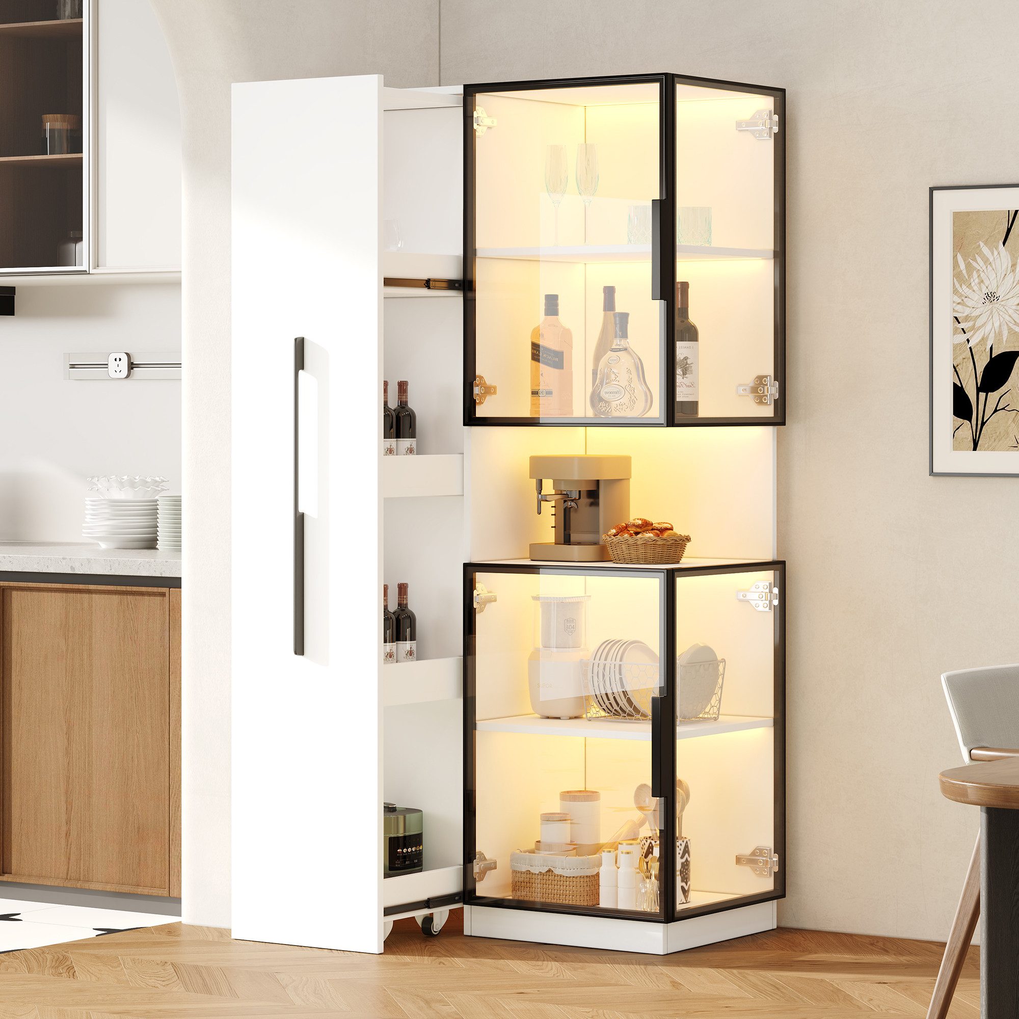 Flieks Glasvitrine Eckschrank Hochschrank mit LED-Beleuchtung, Ausziehregal, Glastüren (1-St., 70×38×160 cm) multifunktionaler Mehrzweckschrank Standvitrine Eckvitrine Weiß