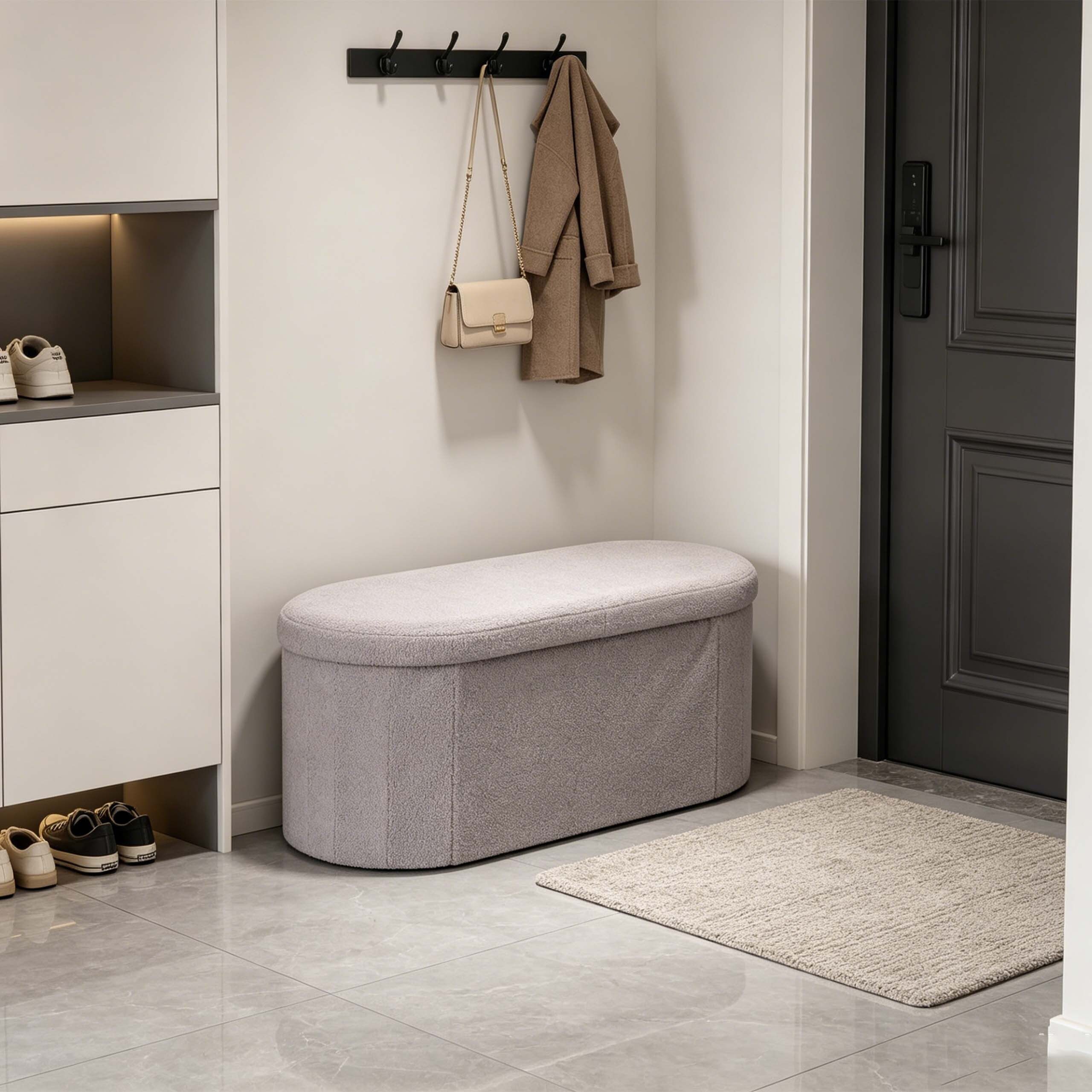 relaxdays Sitztruhe Sitzbank aus Teddystoff (1-St), Hellgrau – Bild 3 von 5