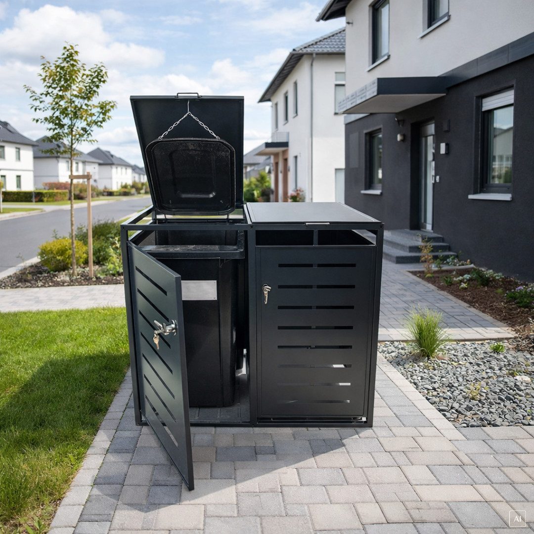 abc HOME Mülltonnenbox 2er für bis zu 2X 240L Tonnen – Stahl, Abschließbar, Anthrazit