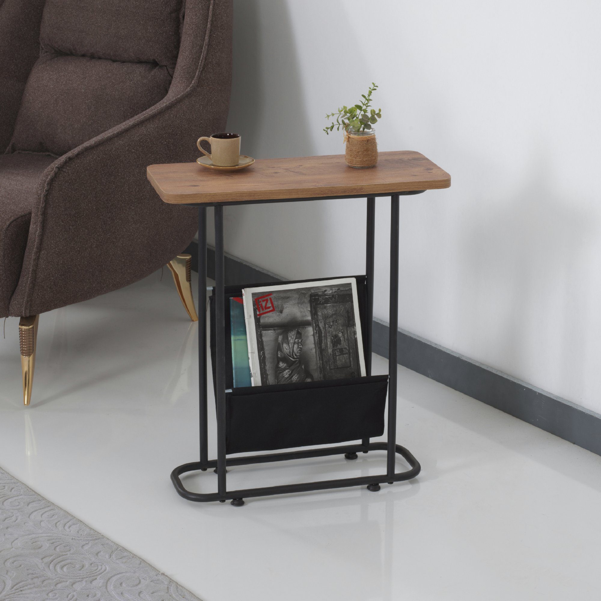 en.casa Beistelltisch, Bov Couchtisch mit Stauraum Schwarz/Walnuss-Optik