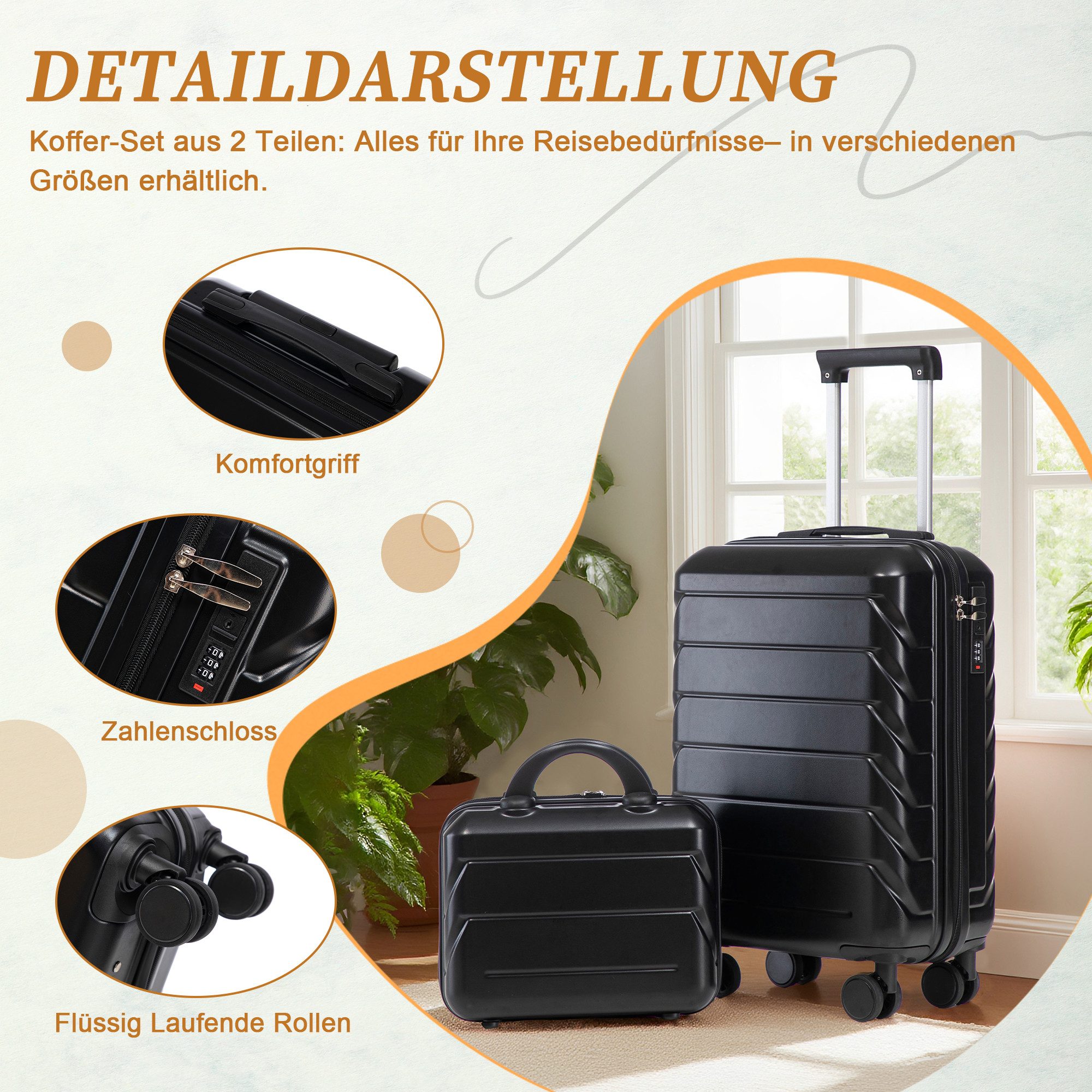 GLP Trolleyset Hartschalen Koffer S-M Set Reisekoffer Trolley, 4 Rollen, (Robustes Koffer-Set aus ABS-Hartschale, 2 tlg., 360° leisen Doppelrollen & verstellbarem Teleskopgriff), für Reisen, Wochenendtrips & Geschäftsreisen