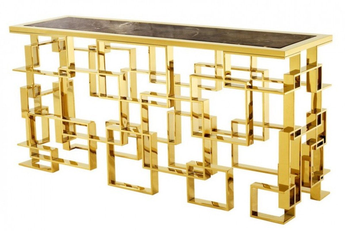 Casa Padrino Beistelltisch Art Deco Luxus Konsole Edelstahl / Gold Finish mit Marmorplatte 150 x 60 x H. 77 cm - Konsolen Tisch - Sekretär Konsole - Telefontisch - Hotel Möbel