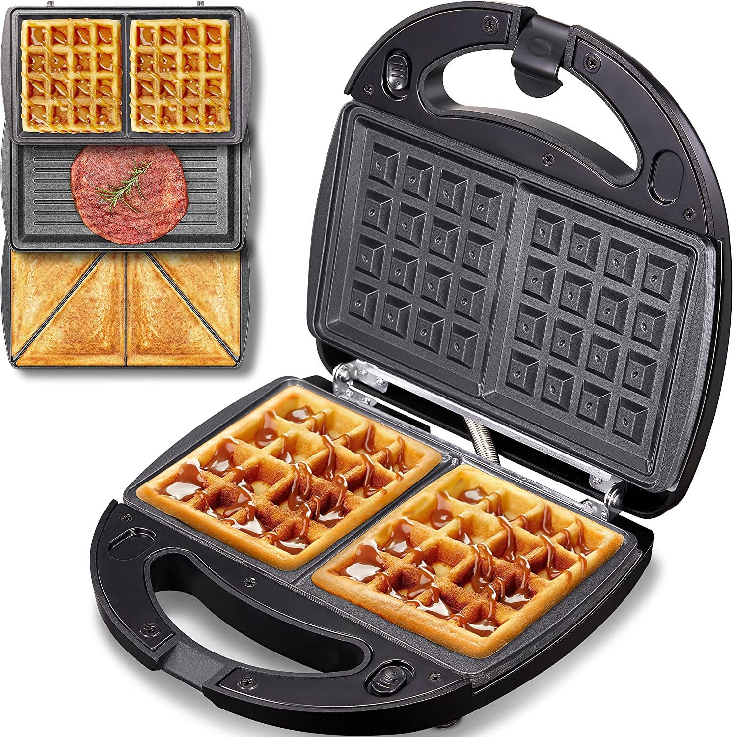 HOUROC 3-in-1-Kombi-Waffeleisen Waffeleisen, Sandwichmaker 3 in 1, Multifunktionsgerät Doppel, 760,00 W, 3 Abnehmbare Platten, Antihaftbeschichtung, LED-Leuchten