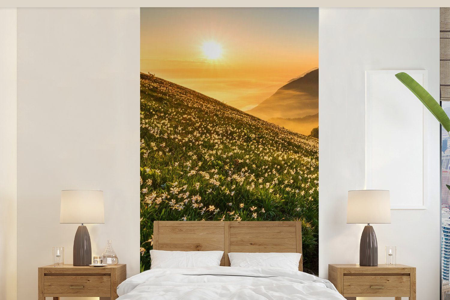 Berge, Fototapete für bedruckt, Fototapete Blumen - - Sonne Küche, Matt, St), (2 Schlafzimmer Wohnzimmer MuchoWow Vliestapete