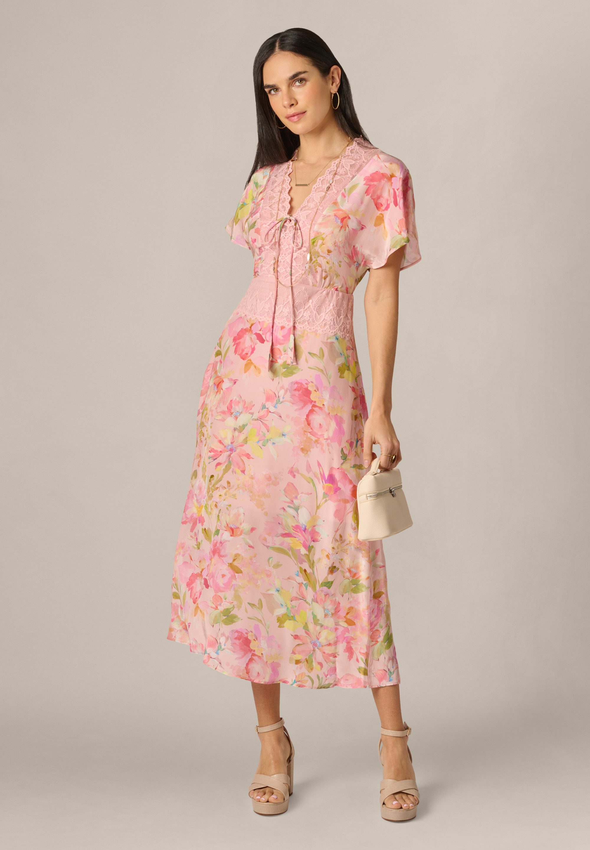 Adrianna Papell Sommerkleid Printed Satin Dress Schlichtes, elegantes und romantisches Midikleid