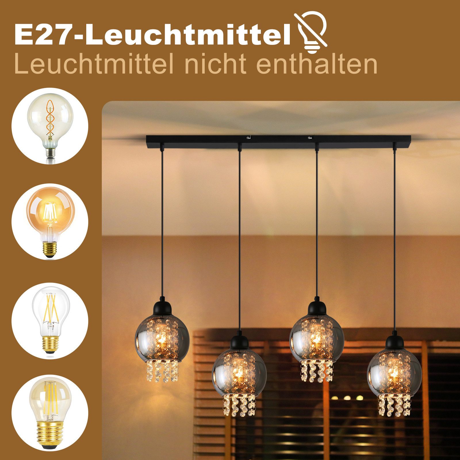 Nettlife Pendelleuchte Esstisch Glas Kristall E27 Schwarz Modern Hängelampe günstig online kaufen