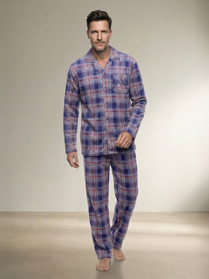 Henry Terre Pyjama Kent Langarm - Velour Karo Design Hemdkragen durchgeknöpft