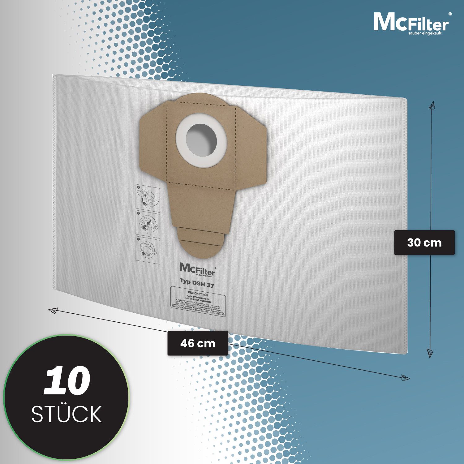 McFilter Staubsaugerbeutel (10 Stück) geeignet für Einhell, passend für ALLE Einhell 20 Liter Nass-Trockensauger, 10 St., Beutel - Typ DSM 37