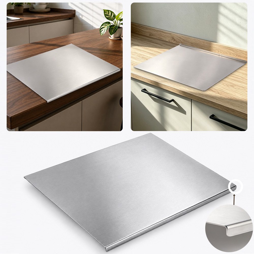 PRIISF Schneidebrett Edelstahl Schneidbrett 50x40 cm Küche Schneidebrett mit Anschlagkante, Edelstahl, (rutschfest Schneidbrettchen Generic Arbeitsplatte Knetbrett XXL Groß, Schweres Schneidebretts Beidseitig Verwendbar für Obst Gemüse Fleisch), Doppelseitiges Cutting Board Nudelbrett Backbrett Teigbrett Bar Platte