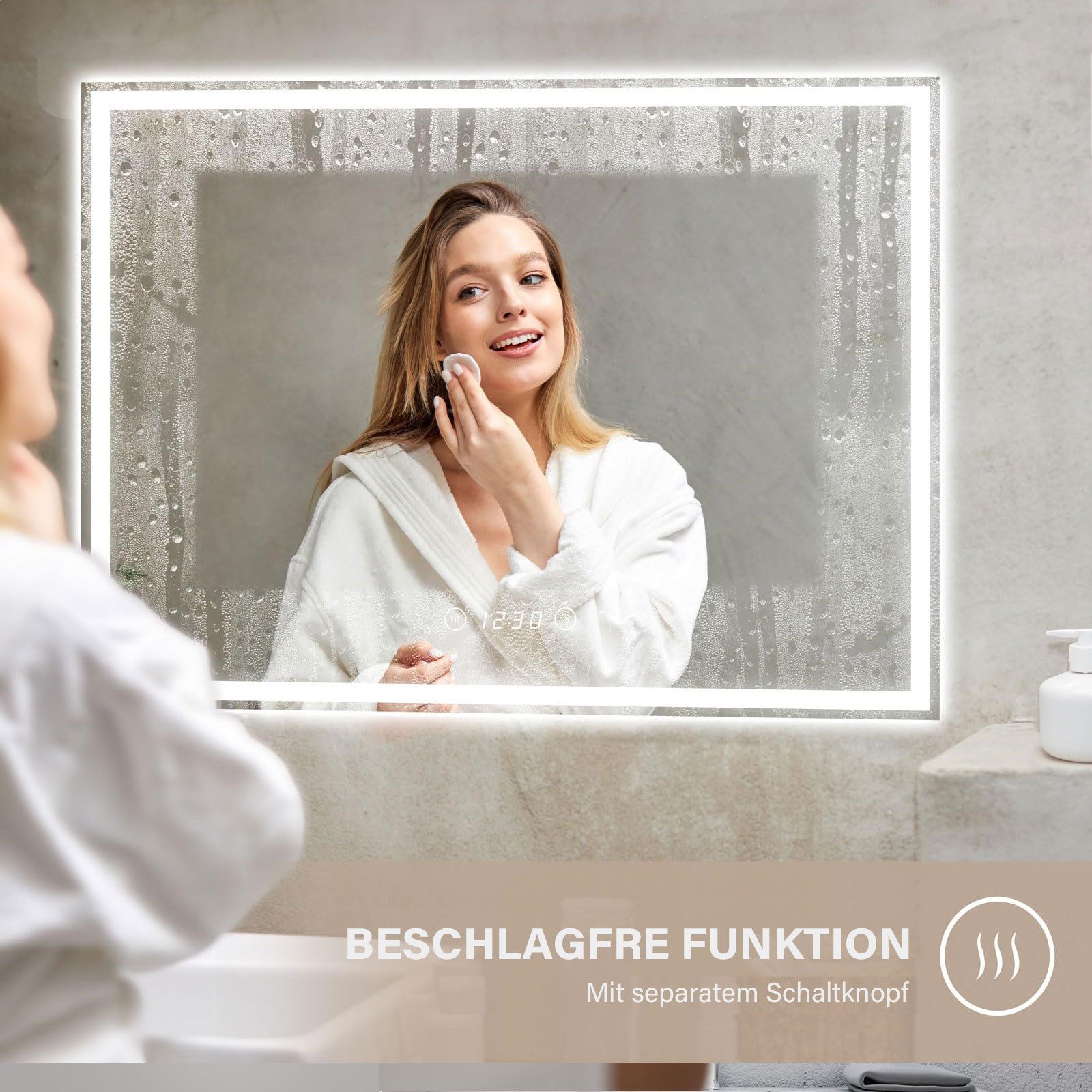 Dripex Badspiegel Led Wandspiegel Badezimmerspiegel fürs Wohnzimmer, Salon, 3-fache Bildvergrößerung/ uhr/ steckdose/ Bluetooth-Lautsprecher – Bild 4 von 5