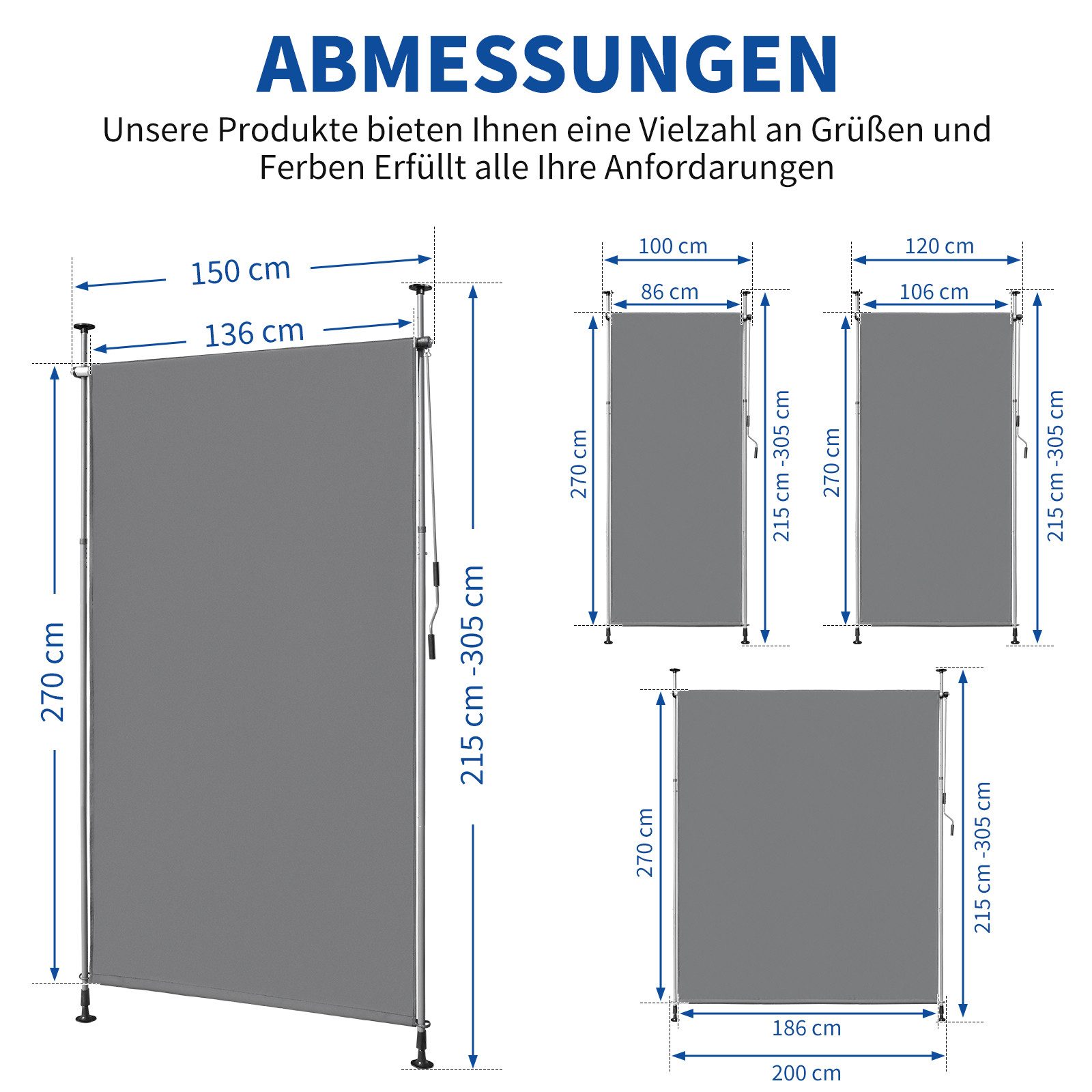 LALAHO Senkrechtmarkise Klemmmarkise Außen Balkon Sonnenschutz Klemm-Markisen Sichtschutzrollo Terrasse Garten Wetterfest mit Handkurbel – Bild 2 von 5