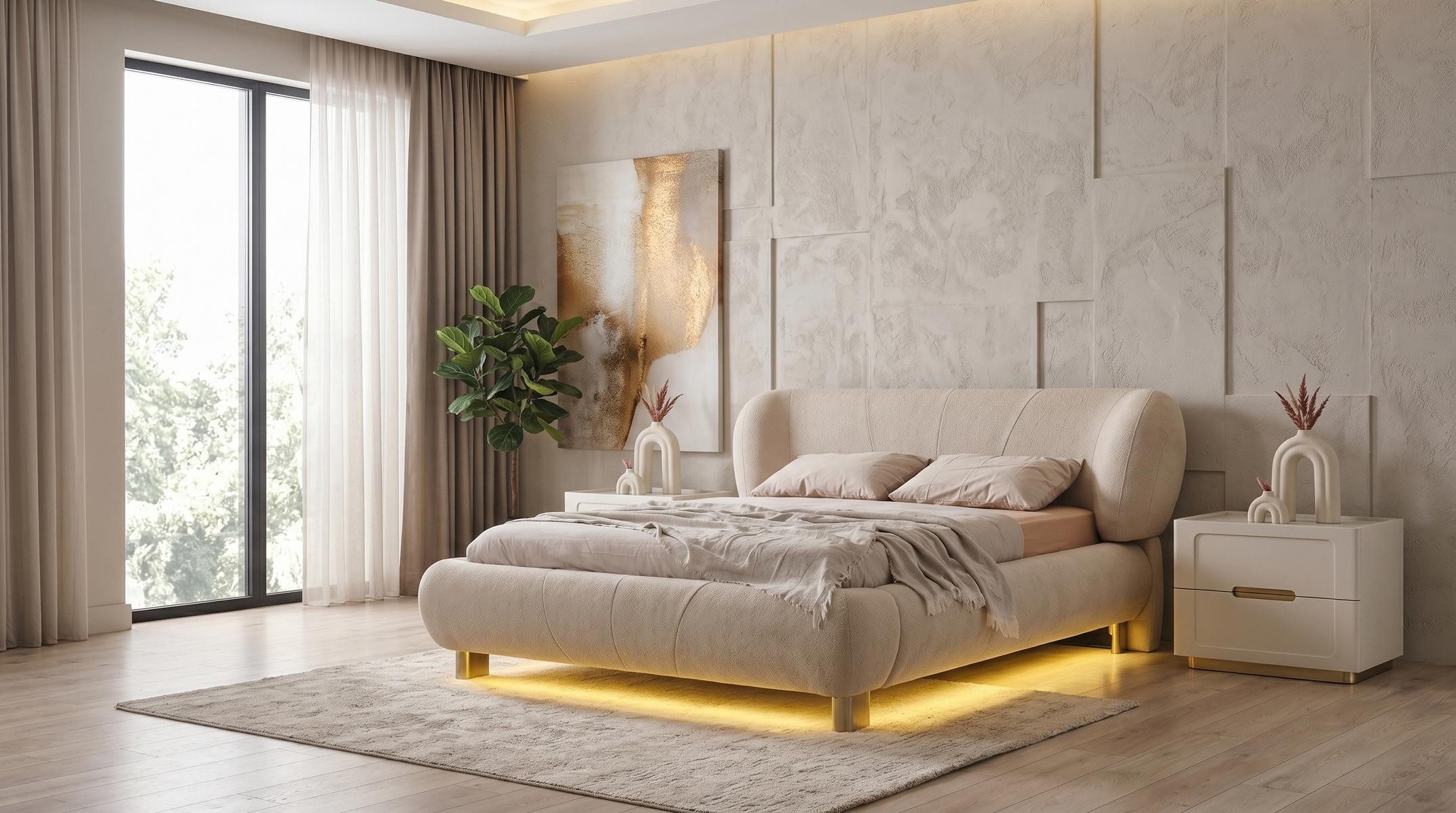 JVmoebel Polsterbett Bett mit LED-Beleuchtung Beige Modern Design Komfortabel Gemütlich, Made in Europa