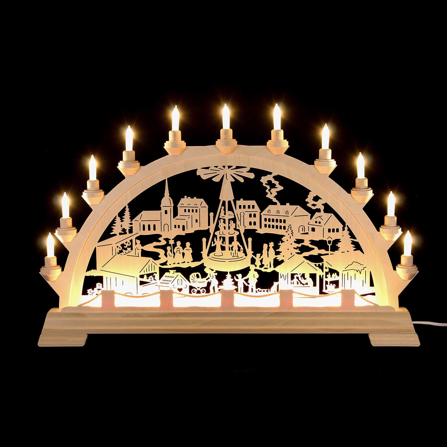 KWO Kunstgewerbe Werkstätten Schwibbogen Schwibbogen Weihnachtsmarkt mit Pyramide 65x40cm von KWO