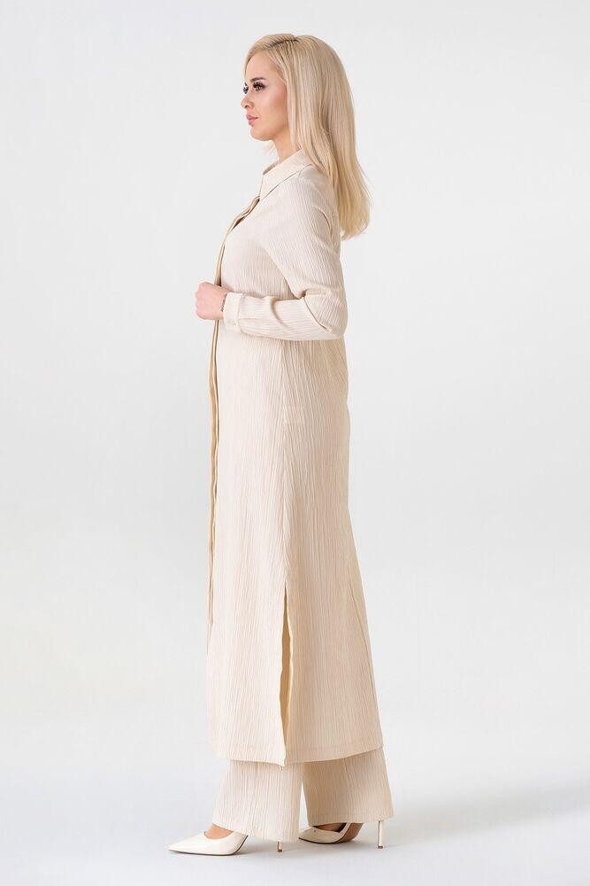 fashionshowcase Longtunika Damen Crinkle lange Tunika verdeckte Knopfleiste Modest elegant Crinkle-Struktur, fließender Fall, Seitenschlitze, vielseitig tragbar