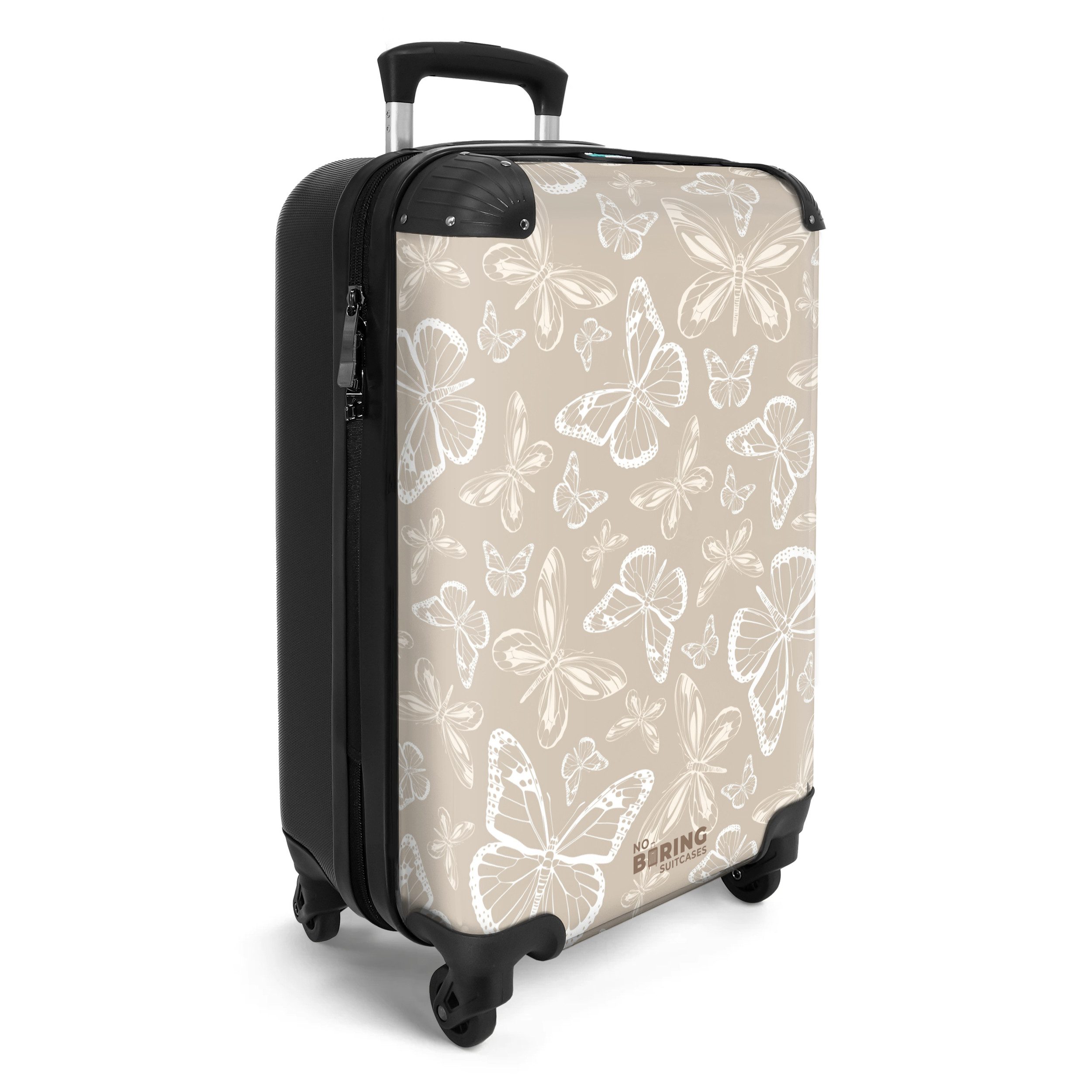 NoBoringSuitcases.com© Hartschalen-Trolley Muster aus Schmetterlingen in Beige 55x35x20cm, 4 Rollen, Reisetasche mit Rollen, Koffer Handgepäck Flugzeug