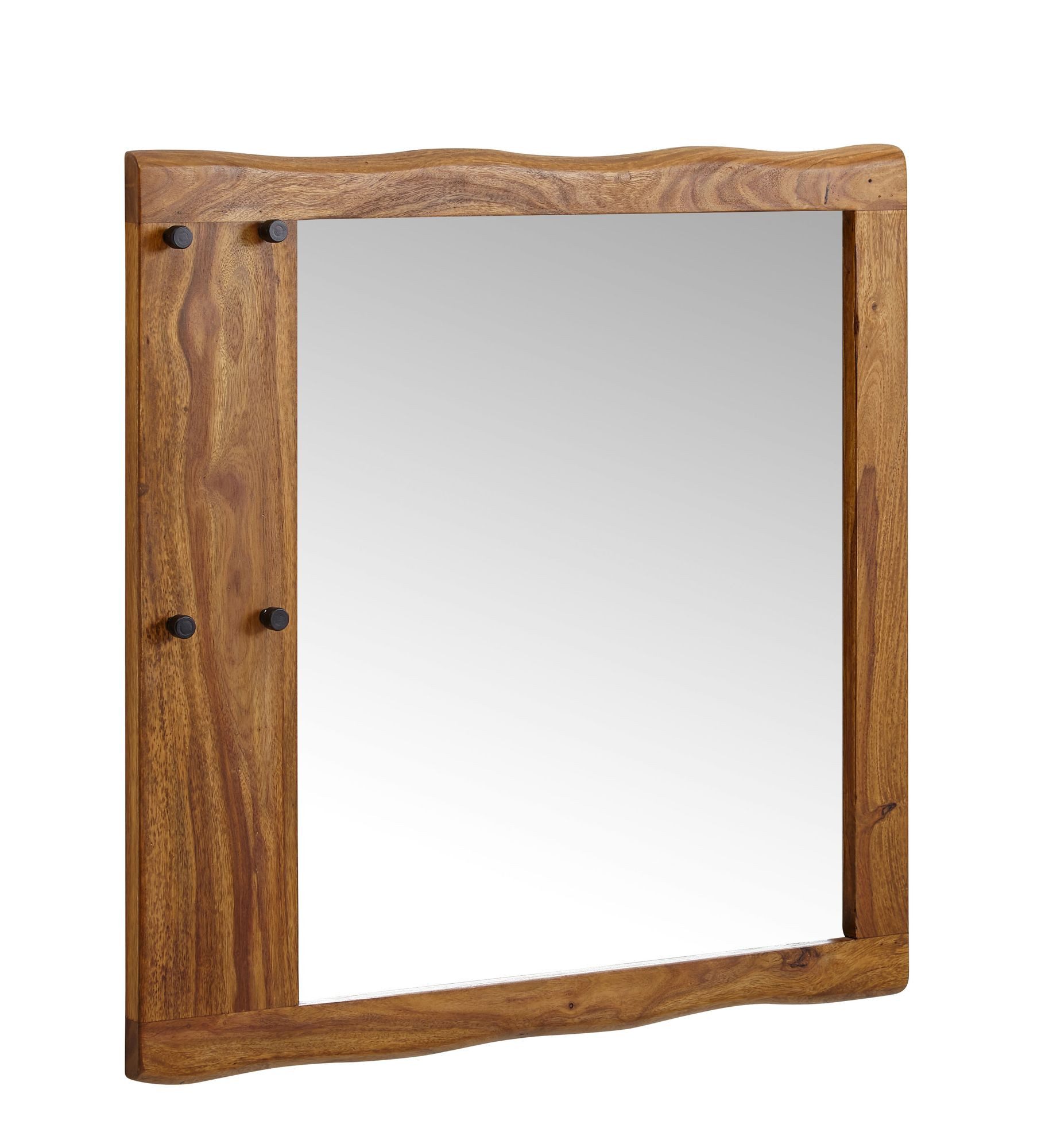 FINEBUY Garderobenspiegel (Wandspiegel Modern, Flurspiegel mit Haken), Massivholz 80x80x3 cm Baumkante Groß