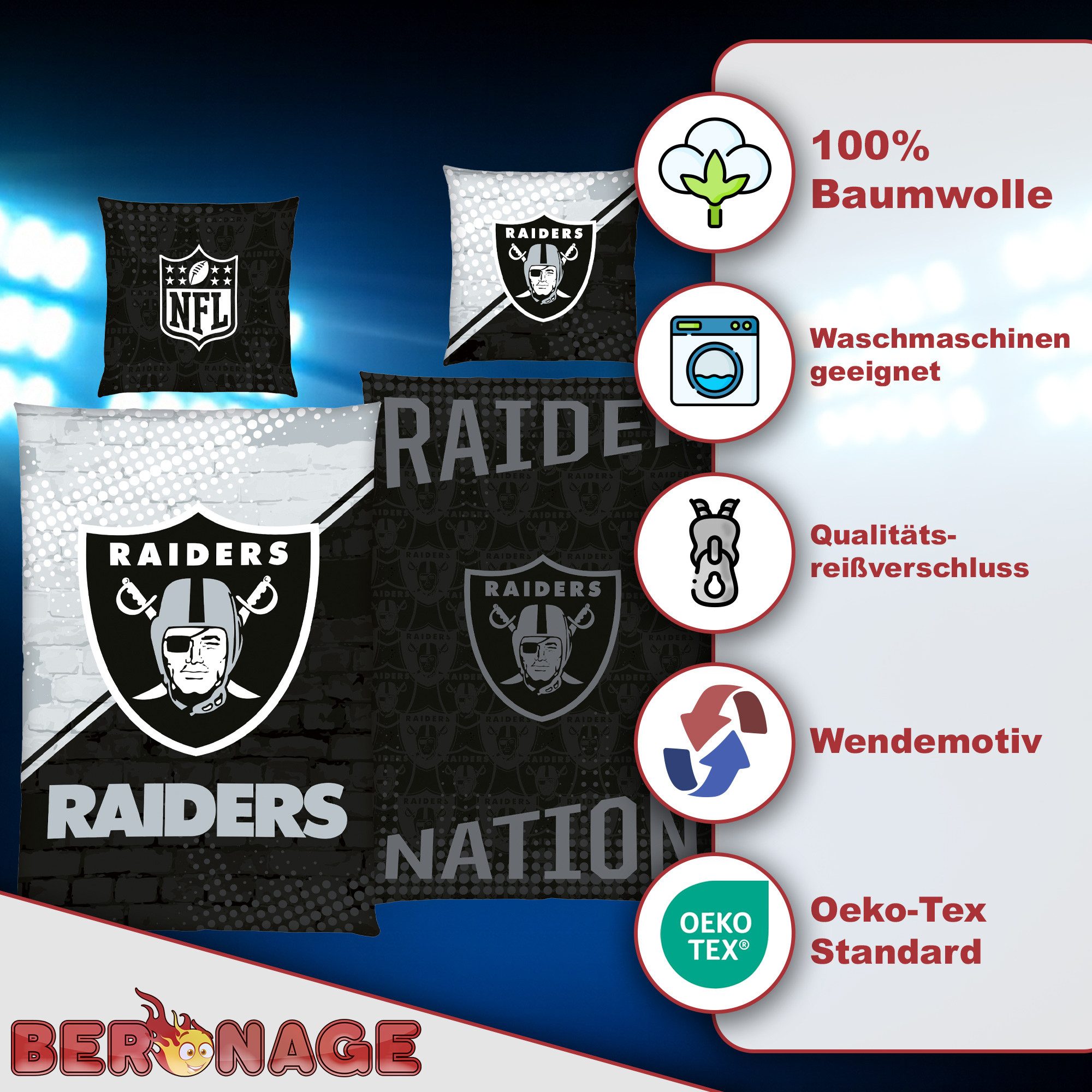 BERONAGE Wendebettwäsche NFL Las Vegas Raiders Bettwäsche Raider Nation Linon/Renforcé, Baumwolle, 2 teilig, 135x200 + 80x80 cm