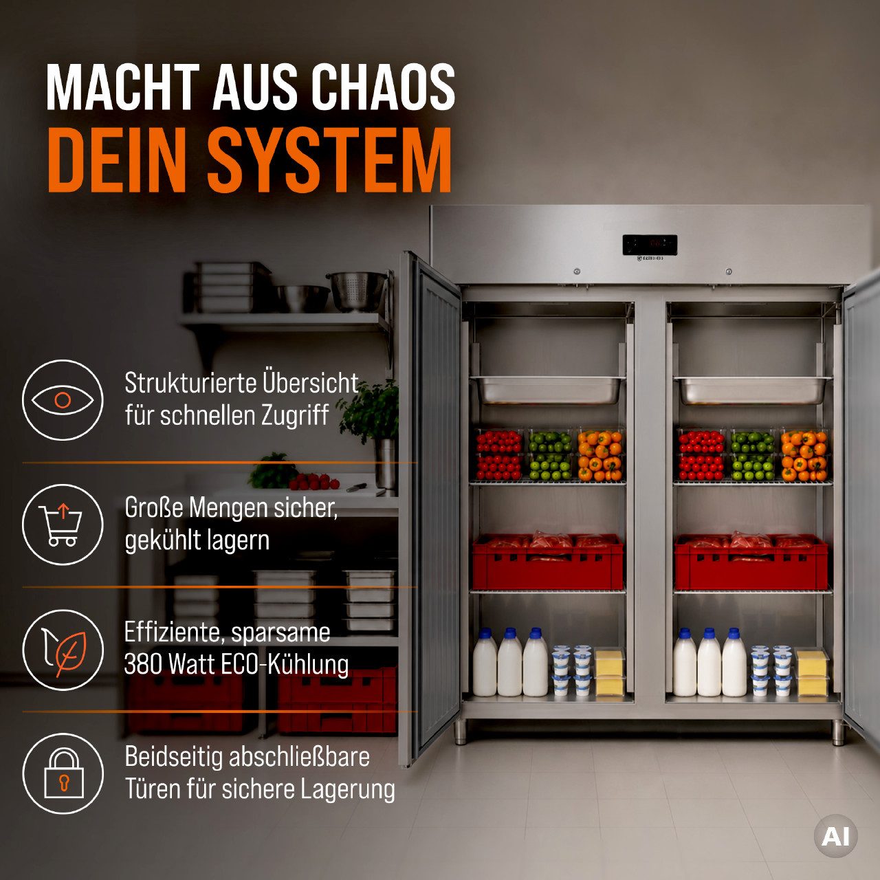 GastroHero Kühlschrank Kühlschrank ECO 1300 GN 2/1 - Gastronomie GNH1410TNM, 201 cm hoch, 148 cm breit, LED-Beleuchtung, digitale Temperaturkontrolle, selbstsch – Bild 3 von 5