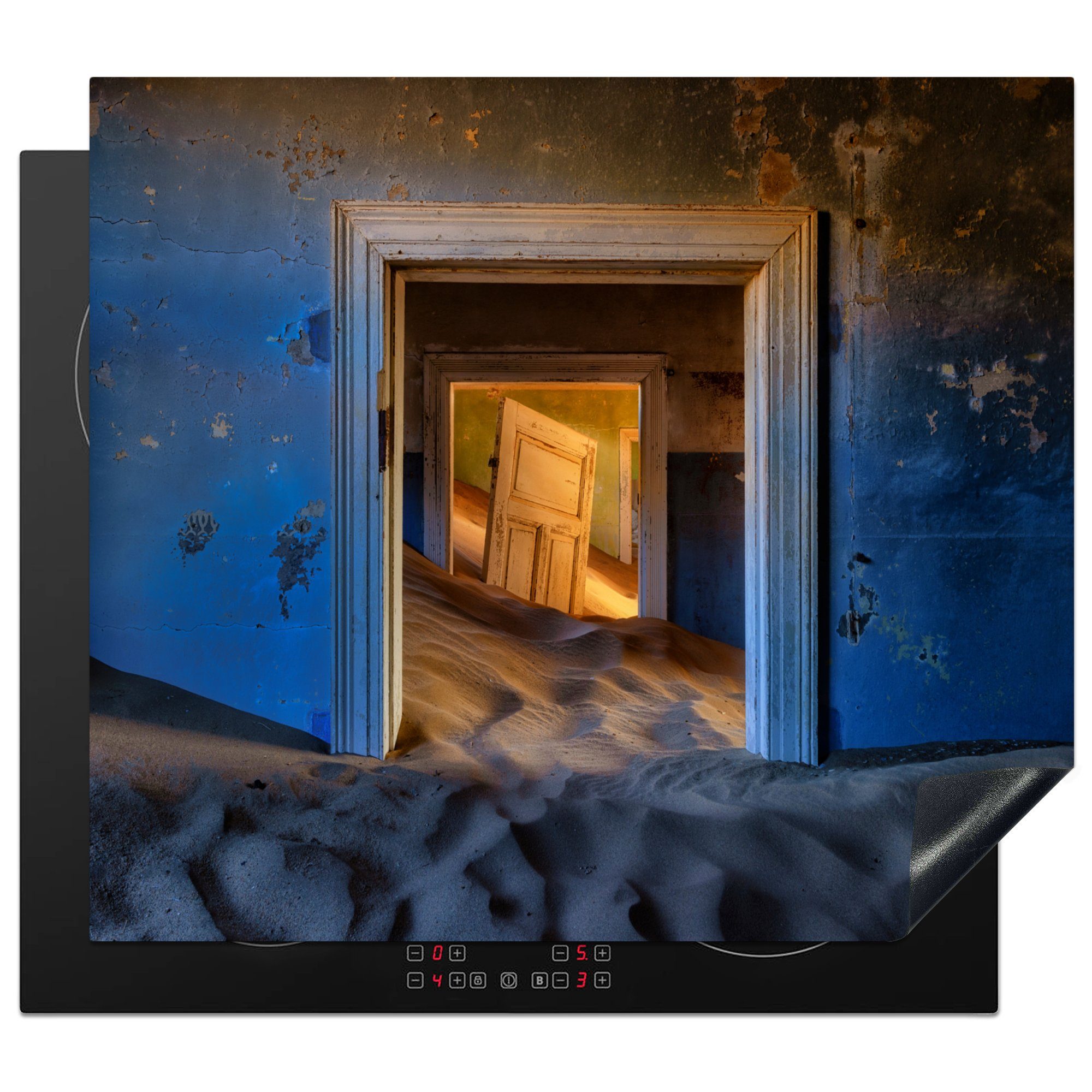 MuchoWow Herdblende-/Abdeckplatte Sand - Blau - Tür - Architektur, Vinyl, (1 tlg), 60x52 cm, Mobile Arbeitsfläche nutzbar, Ceranfeldabdeckung