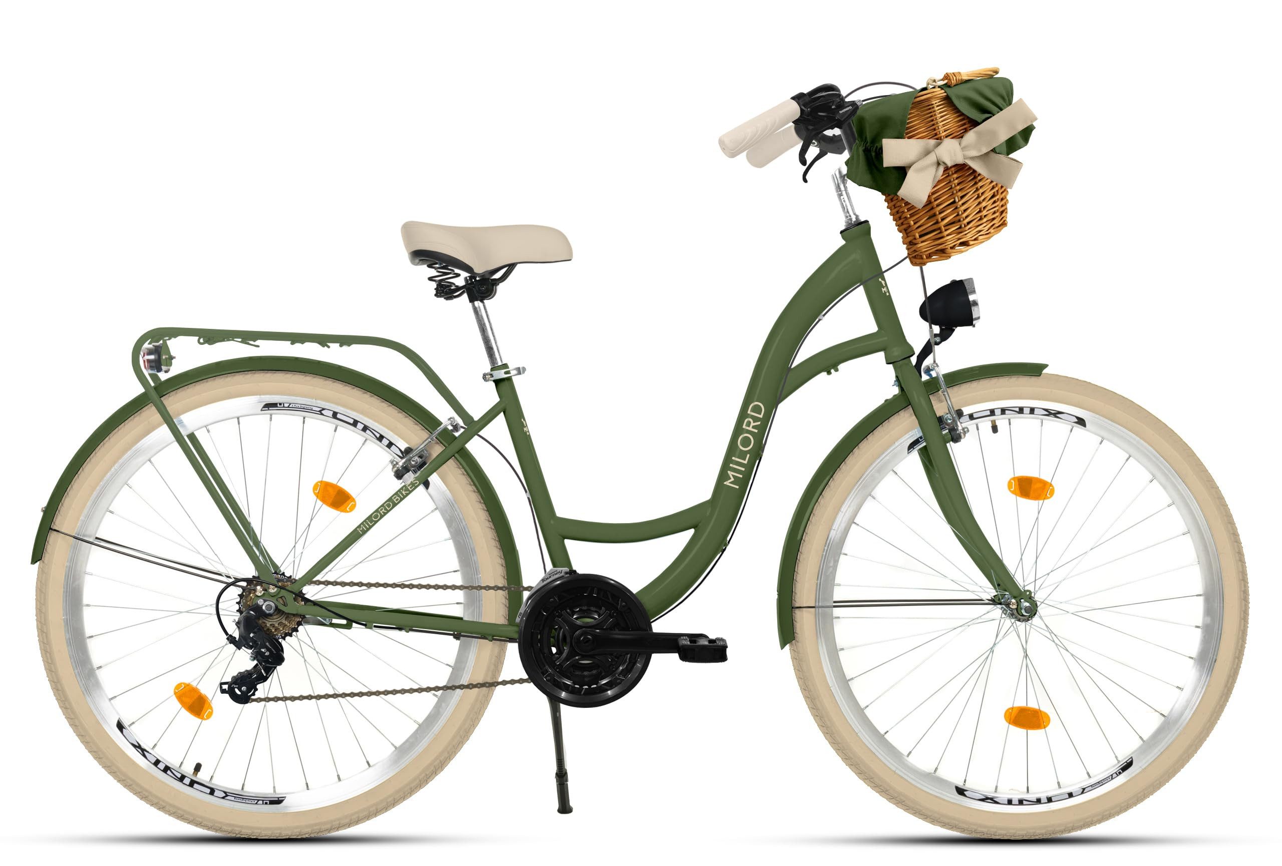 Milord Cityrad Damenfahrrad Citybike Mit Weidenkorb Fahrrad, 26/28 Zoll, 21-Gang, 21 Gang, (Fahrradständer, Gepäckträger, Klingel, Korb, Kotflügel)