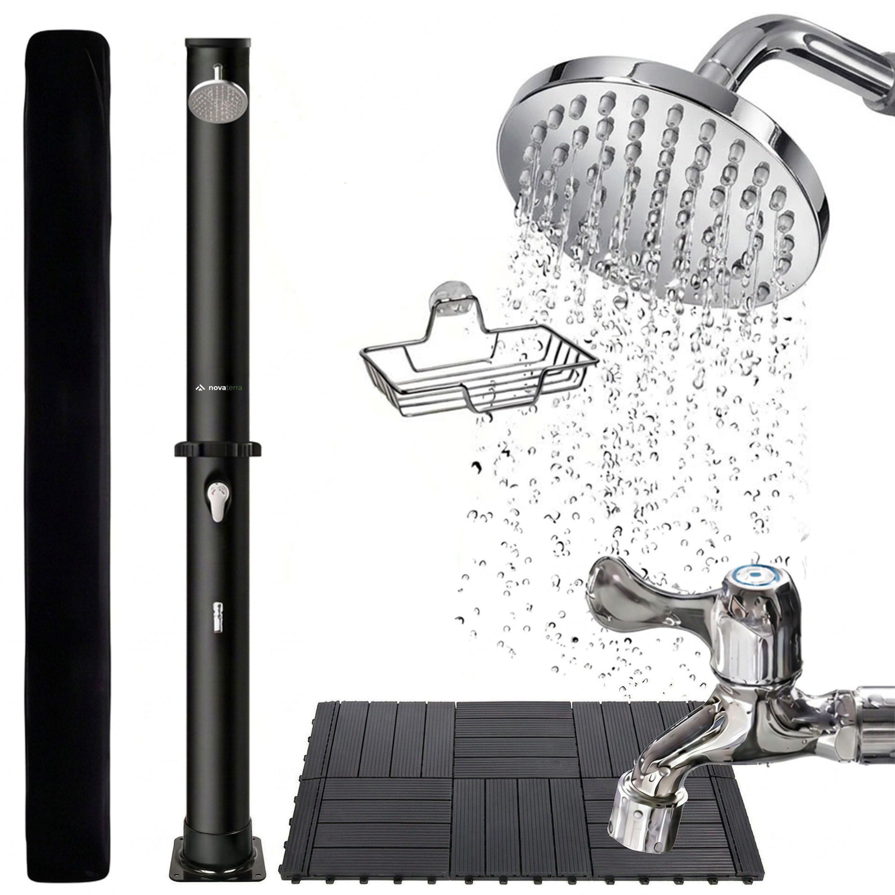 NovaTerra Solardusche Gartendusche Campingdusche mit Bodenelement 20/35/40/60L bis 60°C, Schwenkbarer Regenduschkopf, Inkl. Bodenelement & Schutzhaube